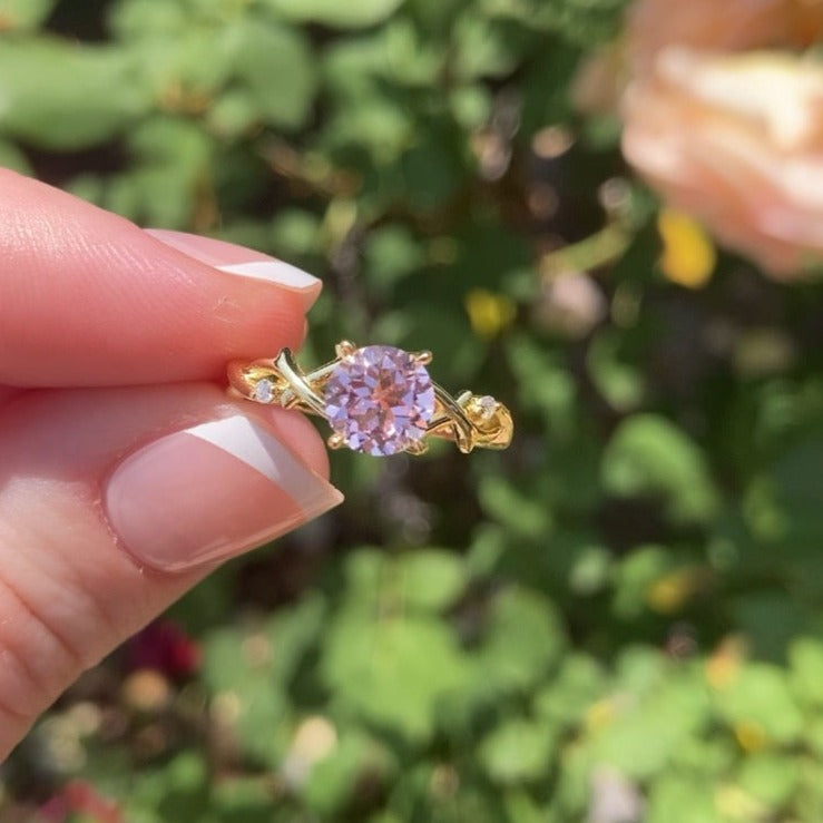 Elain Pink Sapphire Ring Round Cut Sterling Silver/Gold Plated Vine Gemstone Ring