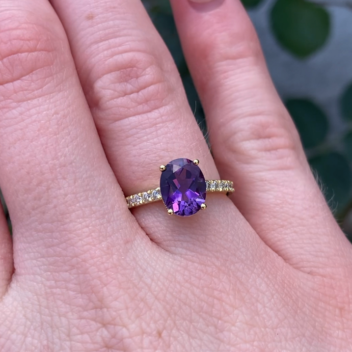 Olivia Amethyst Ring Oval Cut 925 Sterling Silver Gold Plated Gemstone Ring