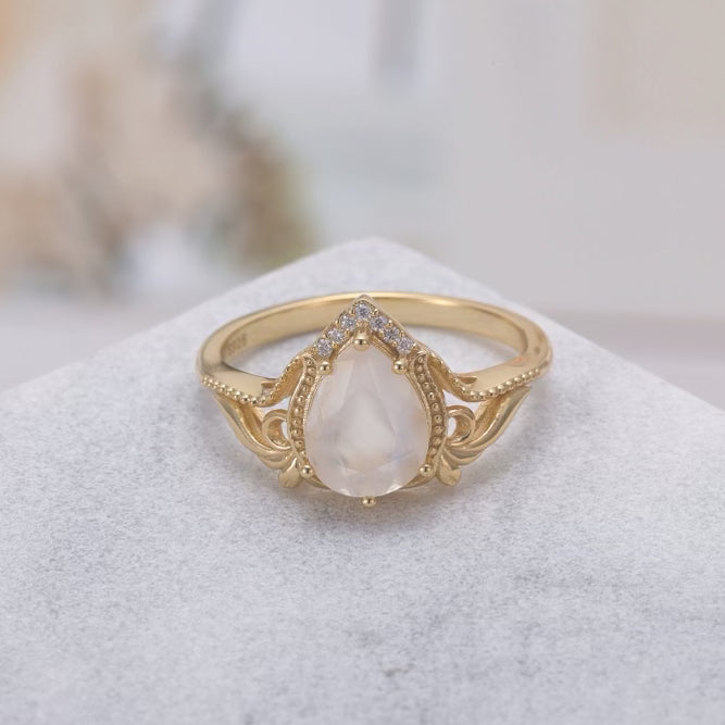 Iris Moonstone Ring Pear Cut Sterling Silver Gold Plated Gemstone Ring