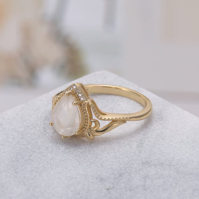 Iris Moonstone Ring Pear Cut Sterling Silver Gold Plated Gemstone Ring