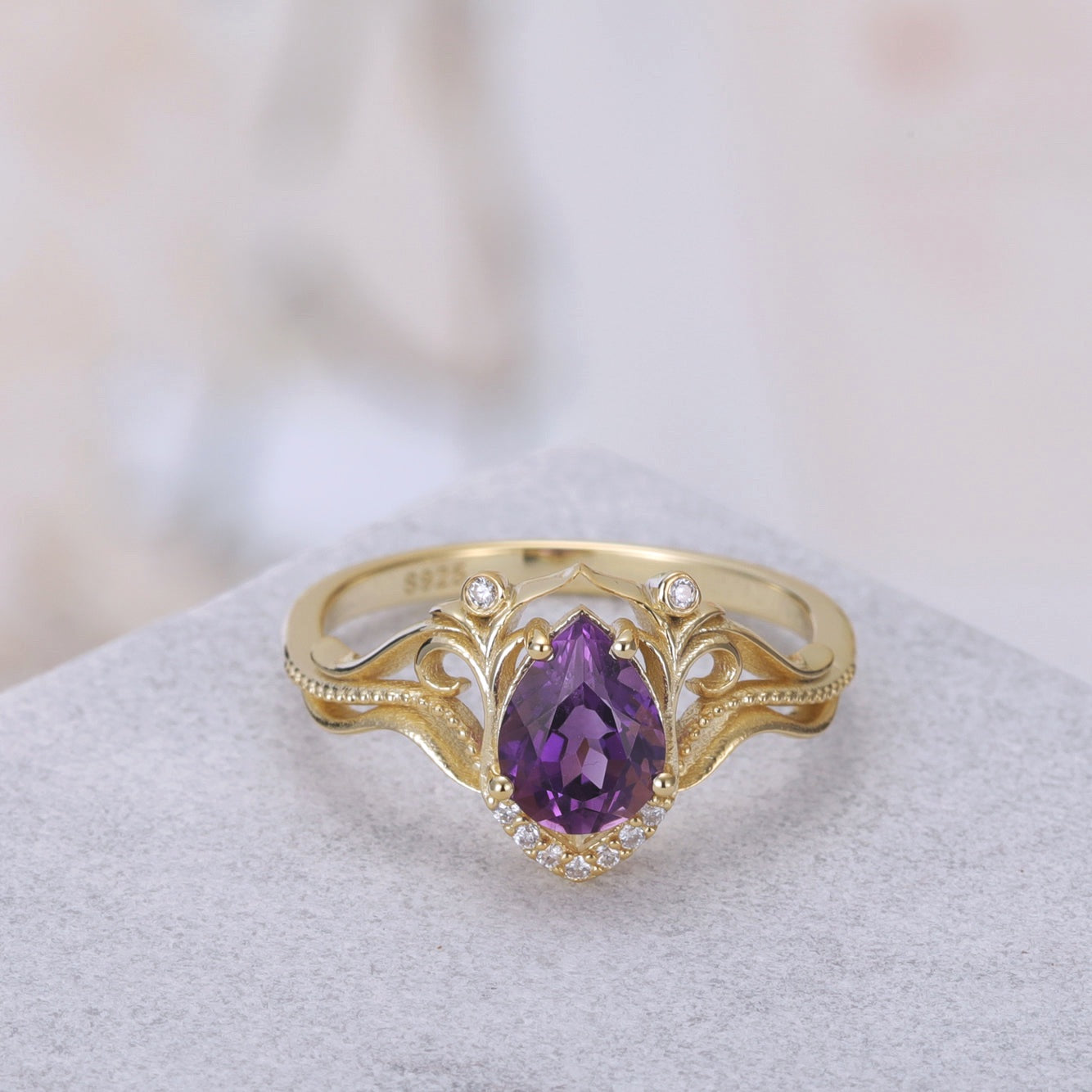 Lexi Amethyst Ring Pear Cut 925 Sterling Silver Gold Plated Gemstone Ring