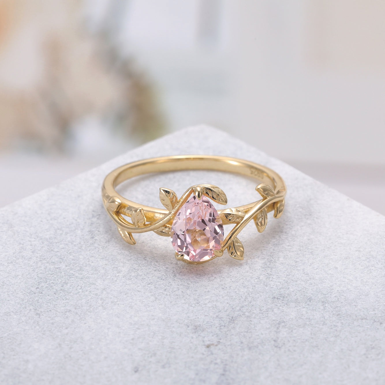 Athena Pink Sapphire Ring Pear Cut Sterling Silver/Gold Plated Vintage Leaf Nature Inspired Ring