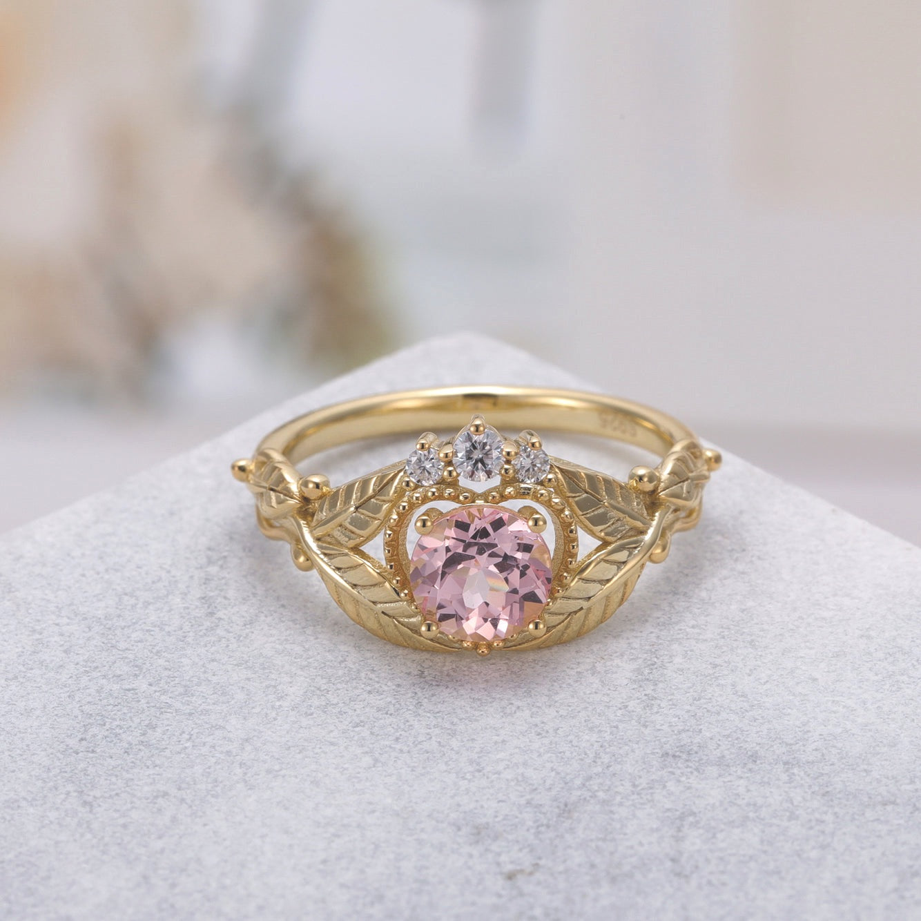 Bella Pink Sapphire Ring Round Cut Sterling Silver/Gold Plated Leaf Nature Inspired Ring