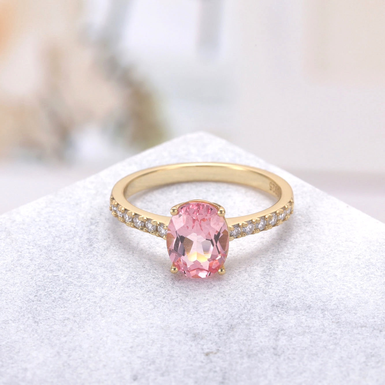 Olivia Pink Sapphire Ring Oval Cut Sterling Silver/Gold Plated Gemstone Ring