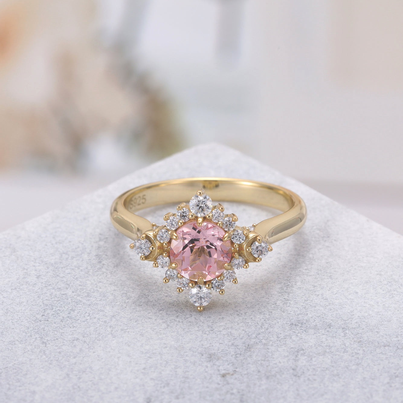 Scarlett Pink Sapphire Ring Round Cut Sterling Silver/Gold Plated Flower Nature Inspired Ring