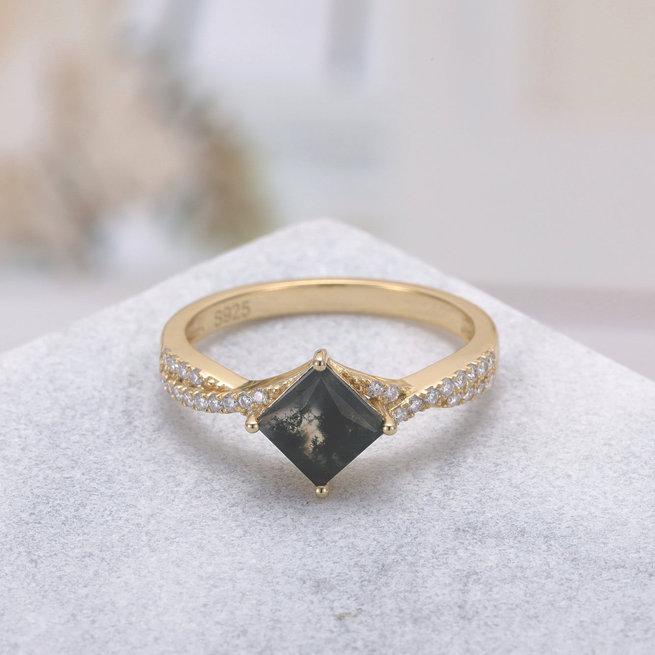 Sophia Moss Agate Ring Princess 925 Sterling Silver Gold Plated Gemstone Ring