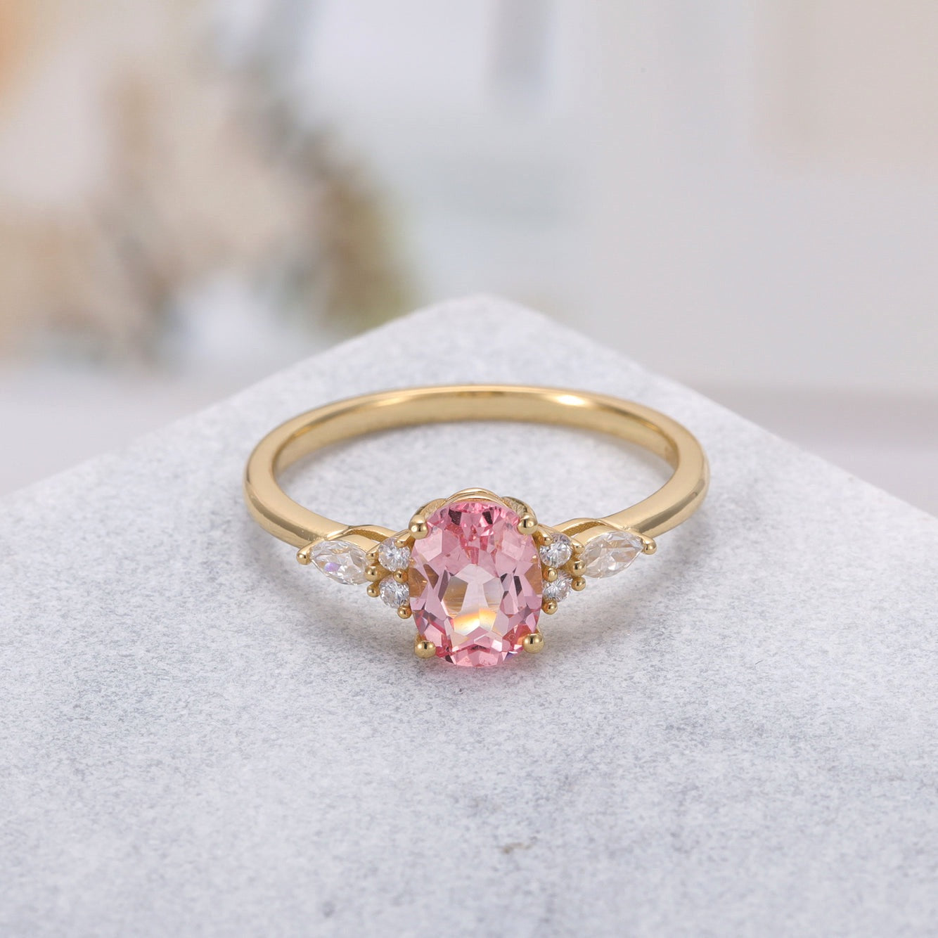 Rachel Pink Sapphire Ring Oval Cut Sterling Silver/Gold Plated Gemstone Ring