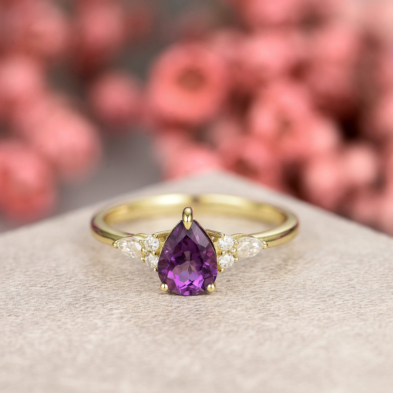 Dahlia Amethyst Ring Pear Cut 925 Sterling Silver Gold Plated Gemstone Ring