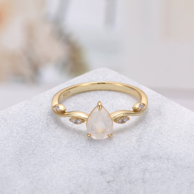 Evelyn Moonstone Ring Pear Cut Sterling Silver Gold Plated Leaf Gemstone Ring