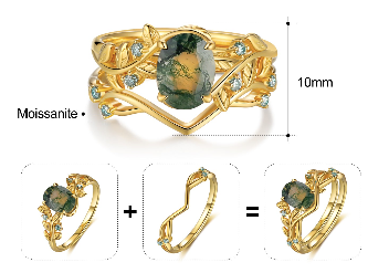 Florence Moss Agate Engagement Ring Set Oval Cut 18K Gold Nature Inspired Ring Leaf Vine Ring Vintage Gemstone Bridal Ring