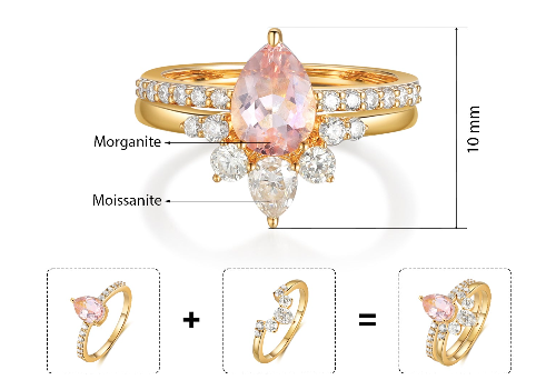 Emma Morganite Engagement Ring Set Pear Cut 14K 18K Gold Vintage Gemstone Bridal Ring Morganite Ring