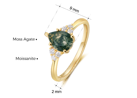 Angelina Moss Agate Pear 925 Sterling Silver Gold Plated Gemstone Ring