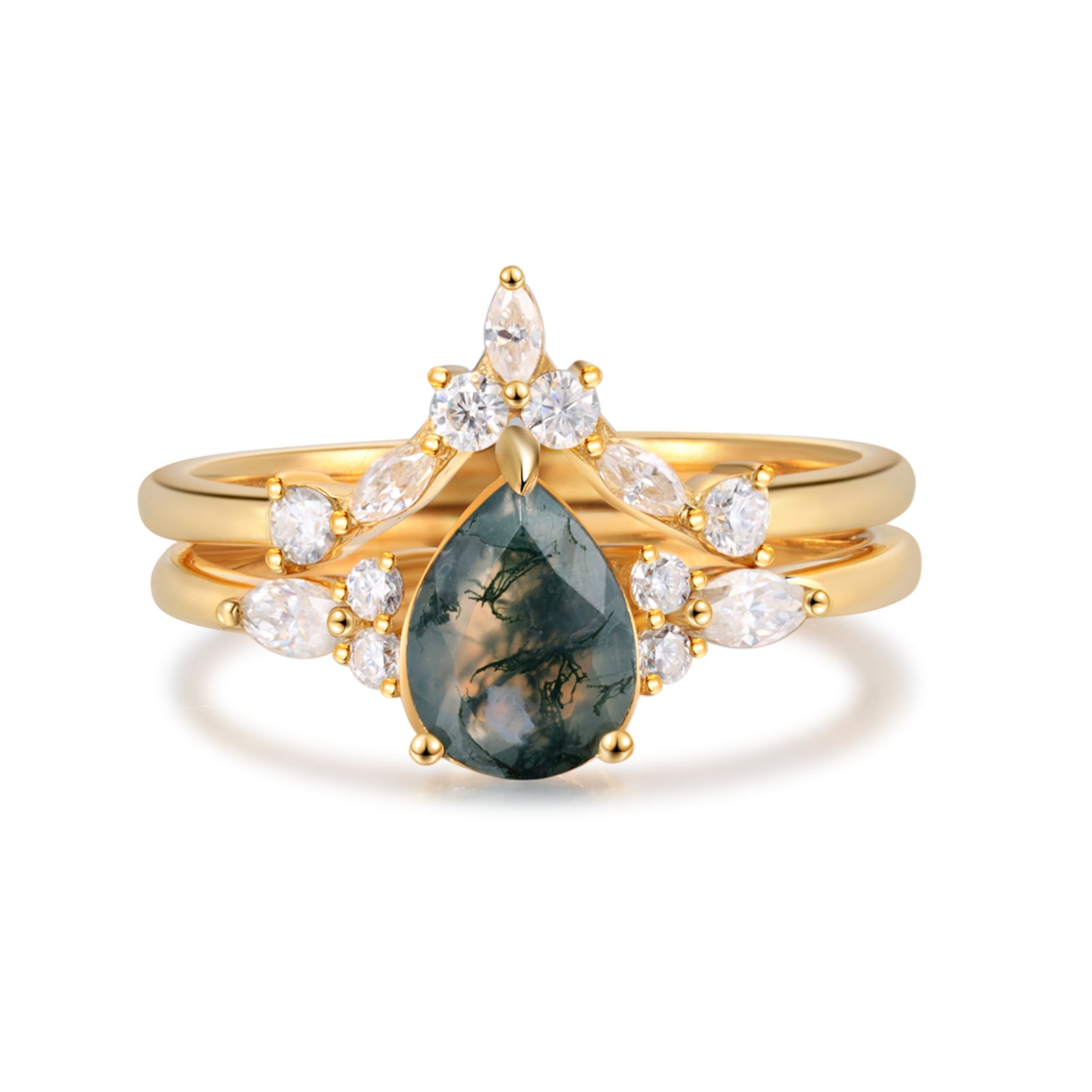 Dahlia & Katerina Moss Agate Engagement Ring Set 18K Gold Sterling Silver Gemstone Bridal Set