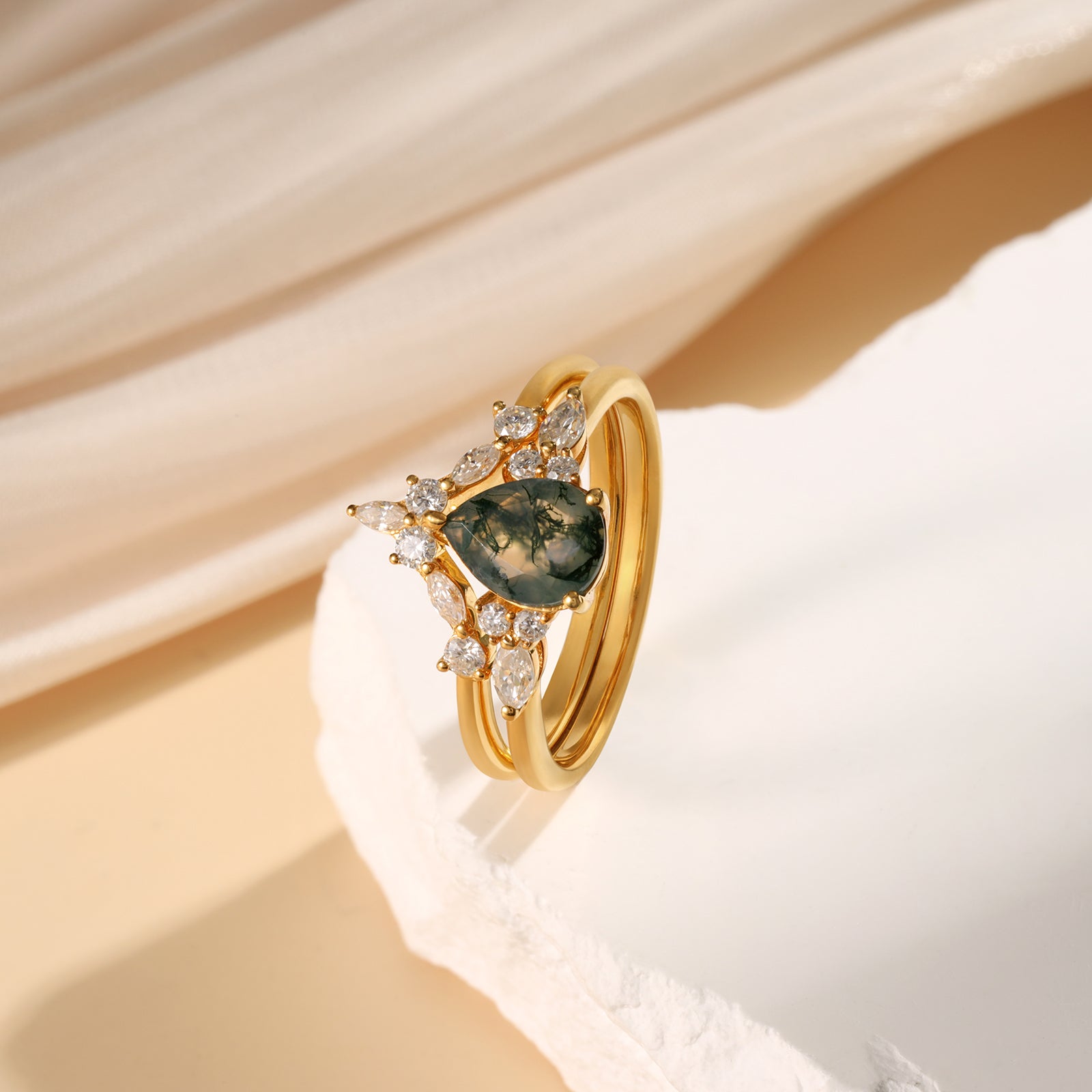 Dahlia & Katerina Moss Agate Engagement Ring Set 18K Gold Sterling Silver Gemstone Bridal Set