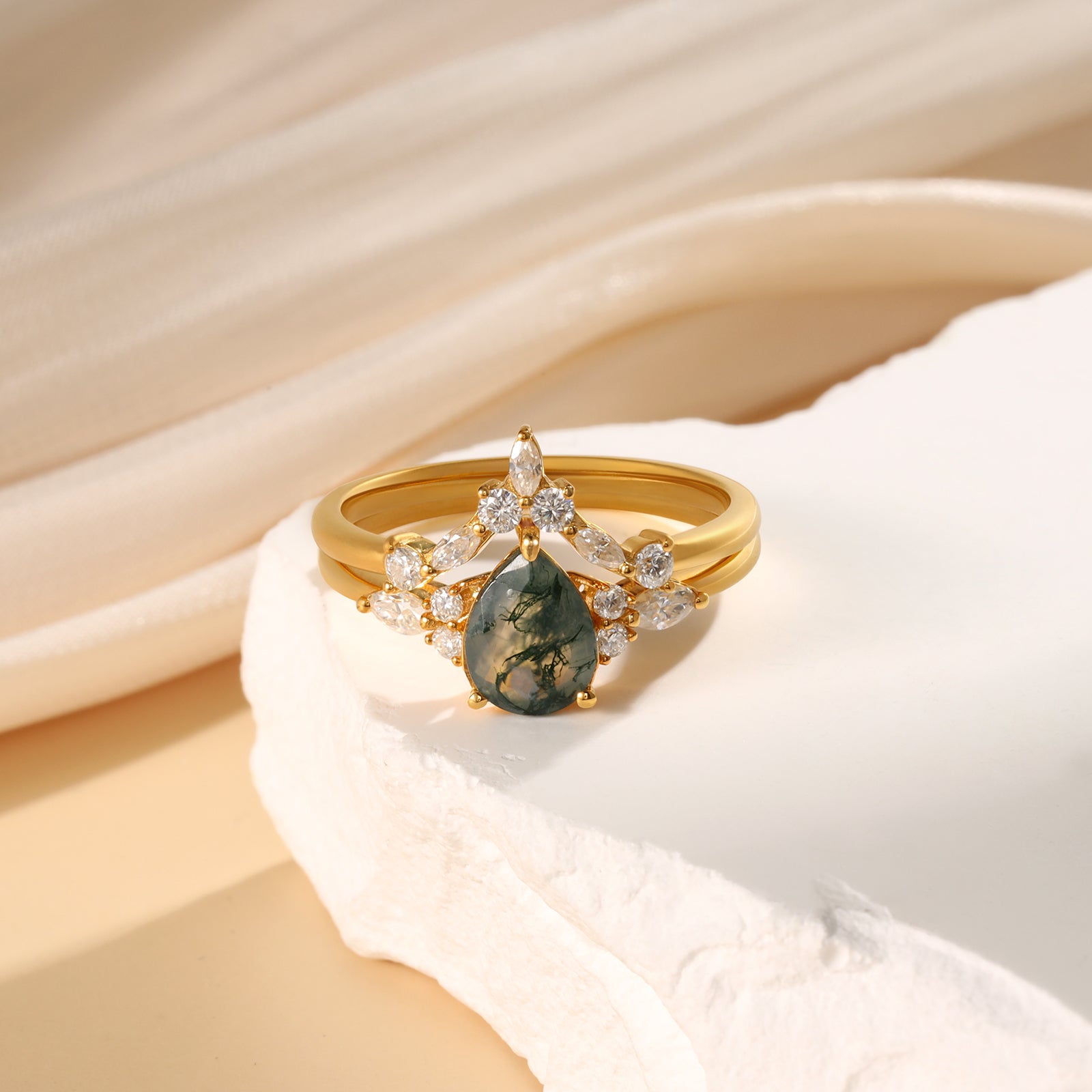 Dahlia & Katerina Moss Agate Engagement Ring Set 18K Gold Sterling Silver Gemstone Bridal Set