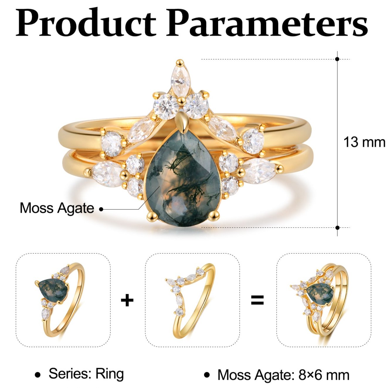 Dahlia & Katerina Moss Agate Engagement Ring Set 18K Gold Sterling Silver Gemstone Bridal Set