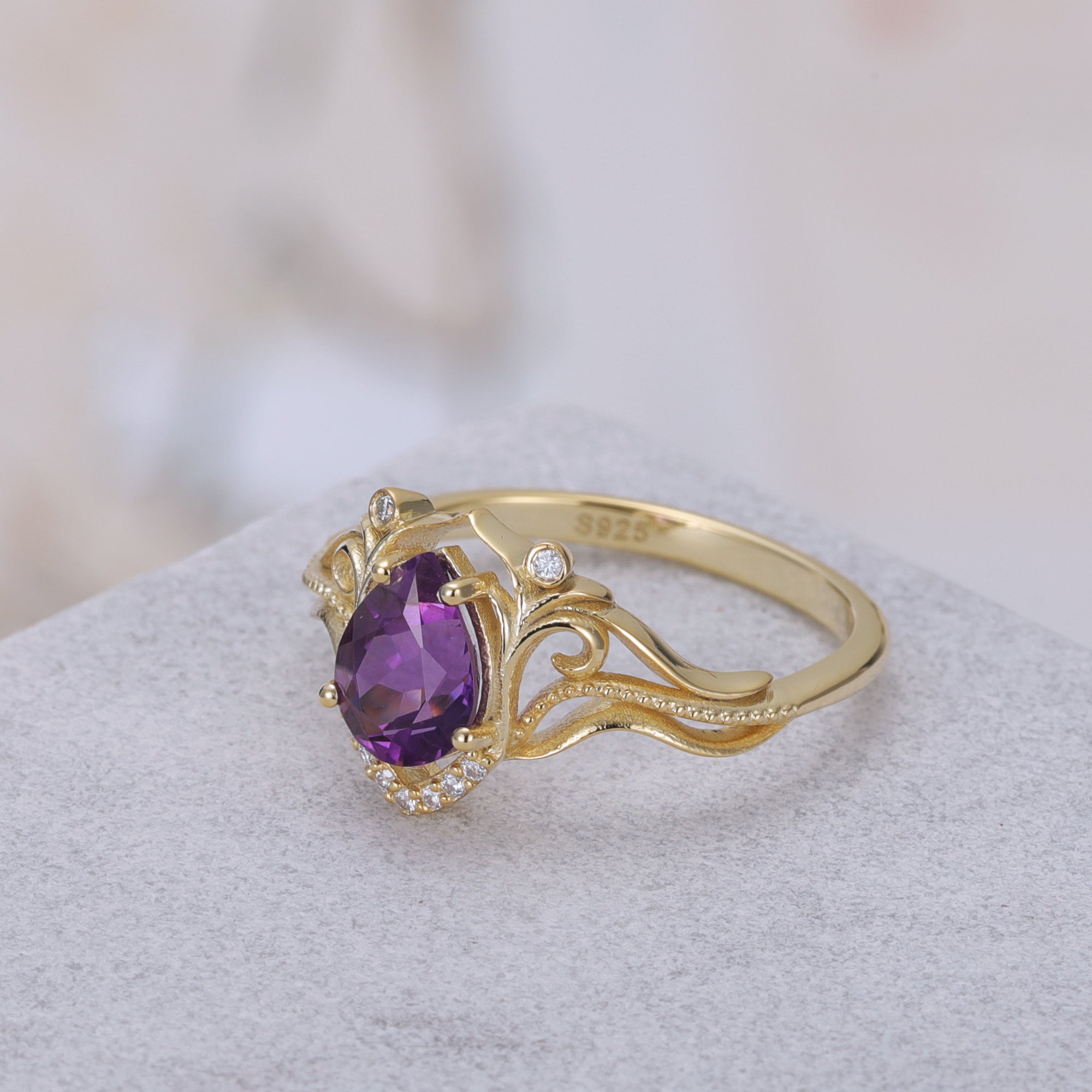 Lexi Amethyst Ring Pear Cut 925 Sterling Silver Gold Plated Gemstone Ring