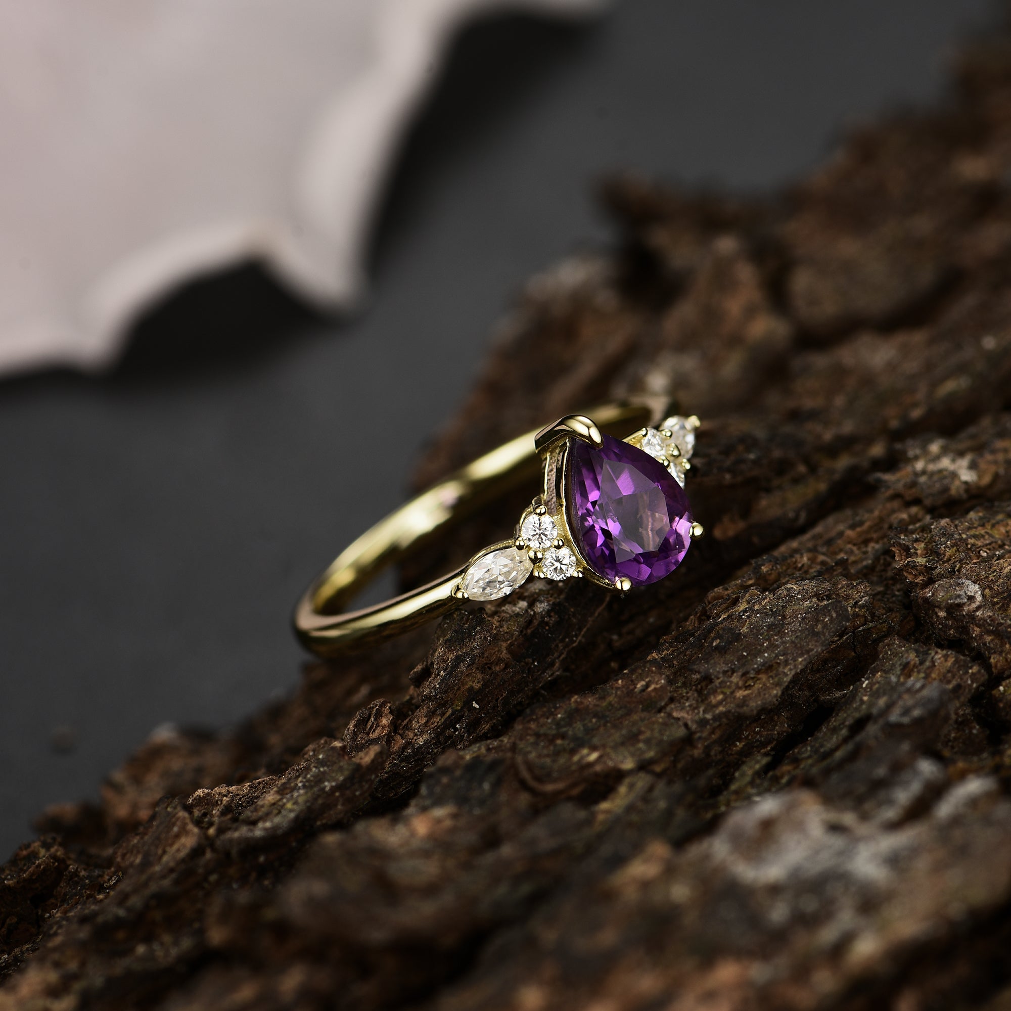 Dahlia Amethyst Ring Pear Cut 925 Sterling Silver Gold Plated Gemstone Ring