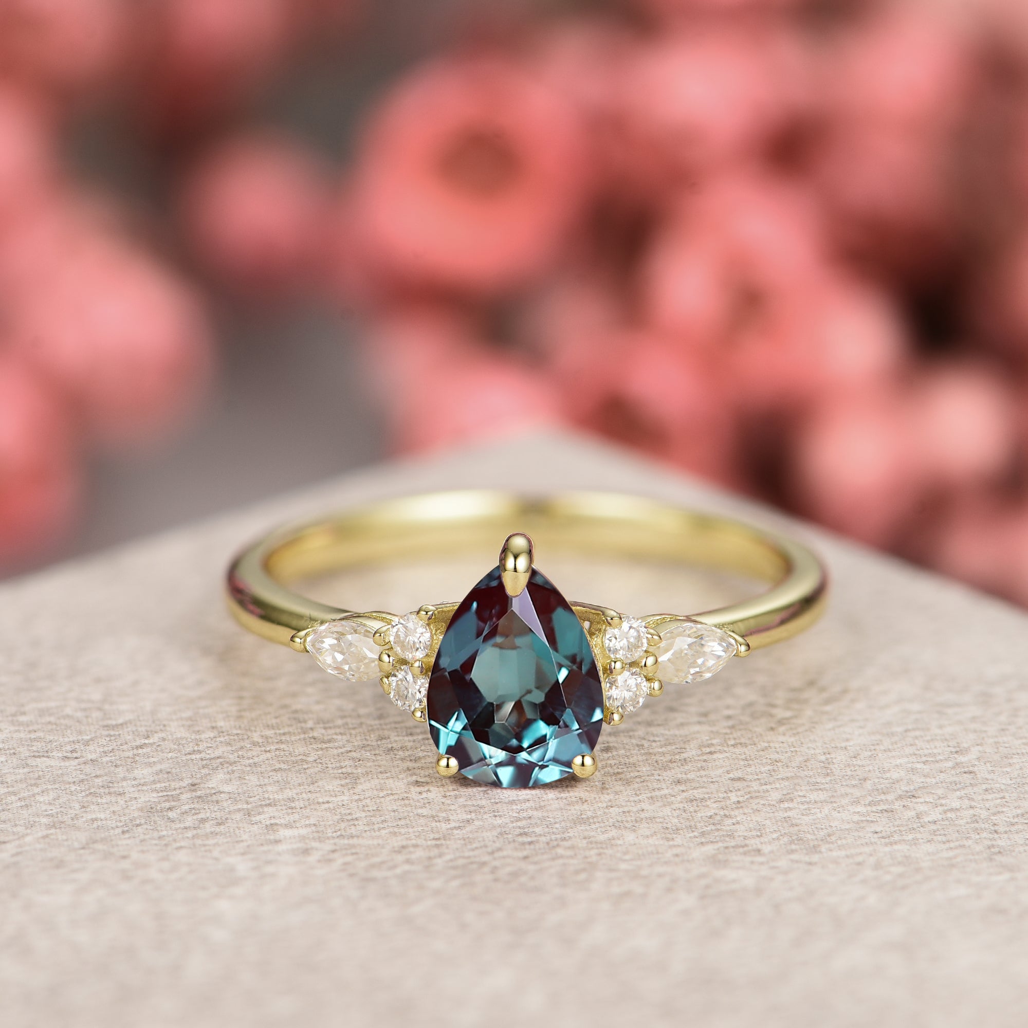 Dahlia Alexandrite Ring Pear Cut 925 Sterling Silver Gold Plated Gemstone Ring