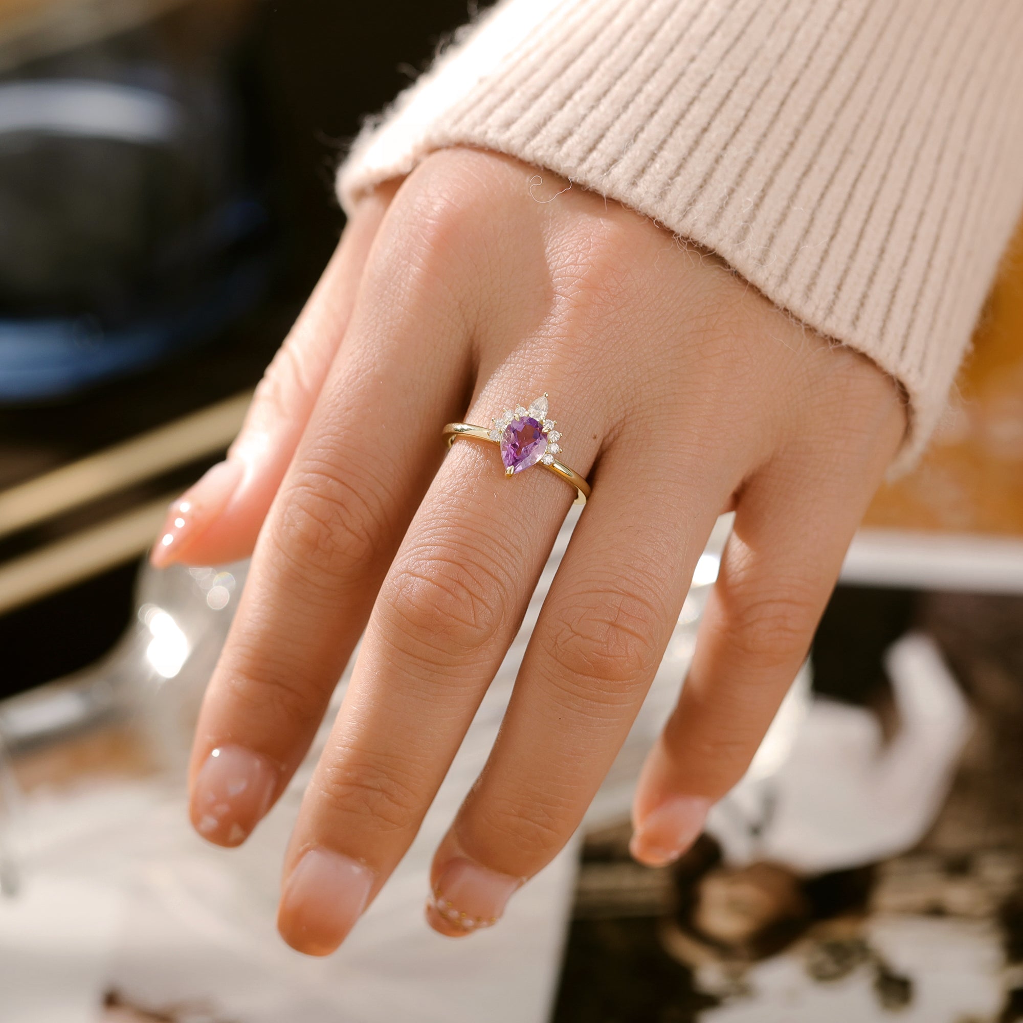 Eliza Amethyst Ring Pear Cut 925 Sterling Silver Gold Plated Gemstone Ring