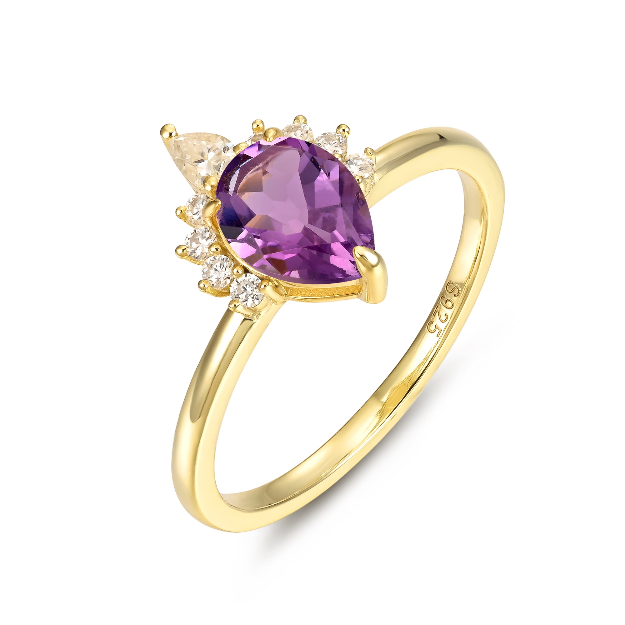 Eliza Amethyst Ring Pear Cut 925 Sterling Silver Gold Plated Gemstone Ring