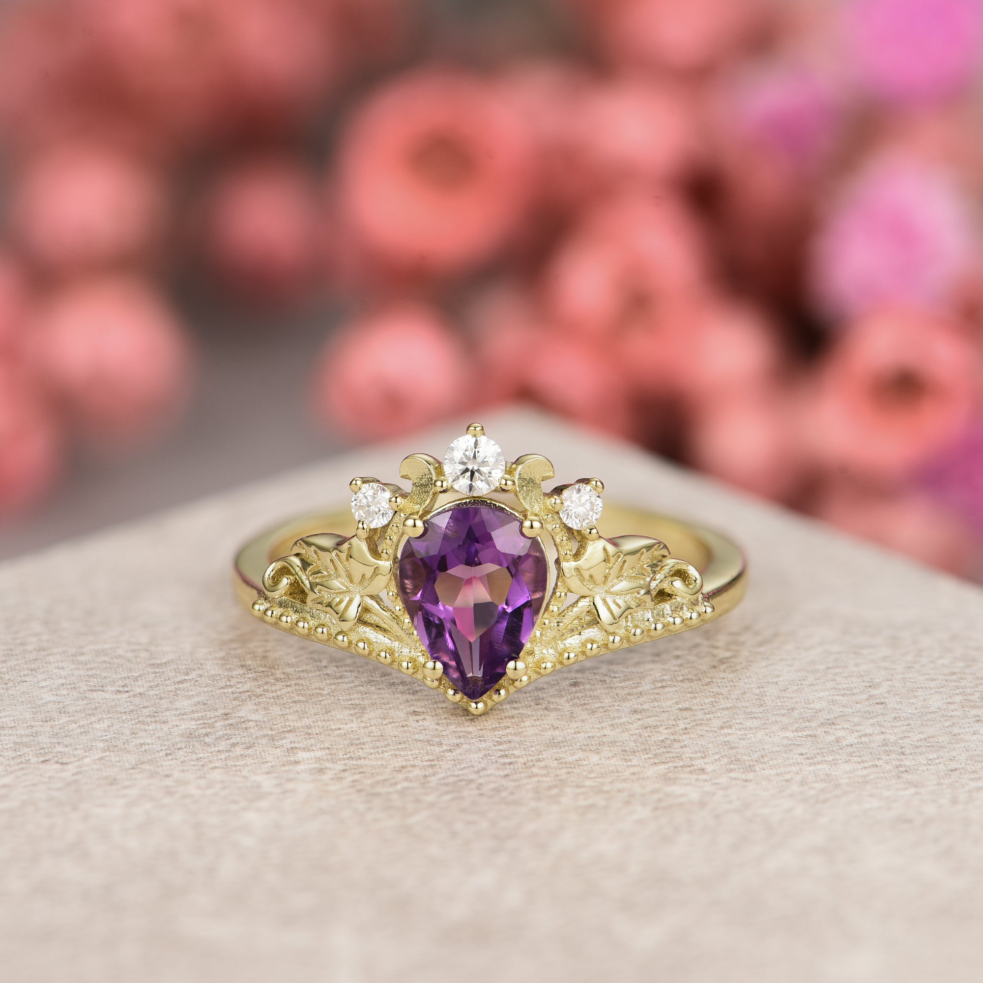 Royal Amethyst Ring Pear Cut 925 Sterling Silver Gold Plated Gemstone Ring