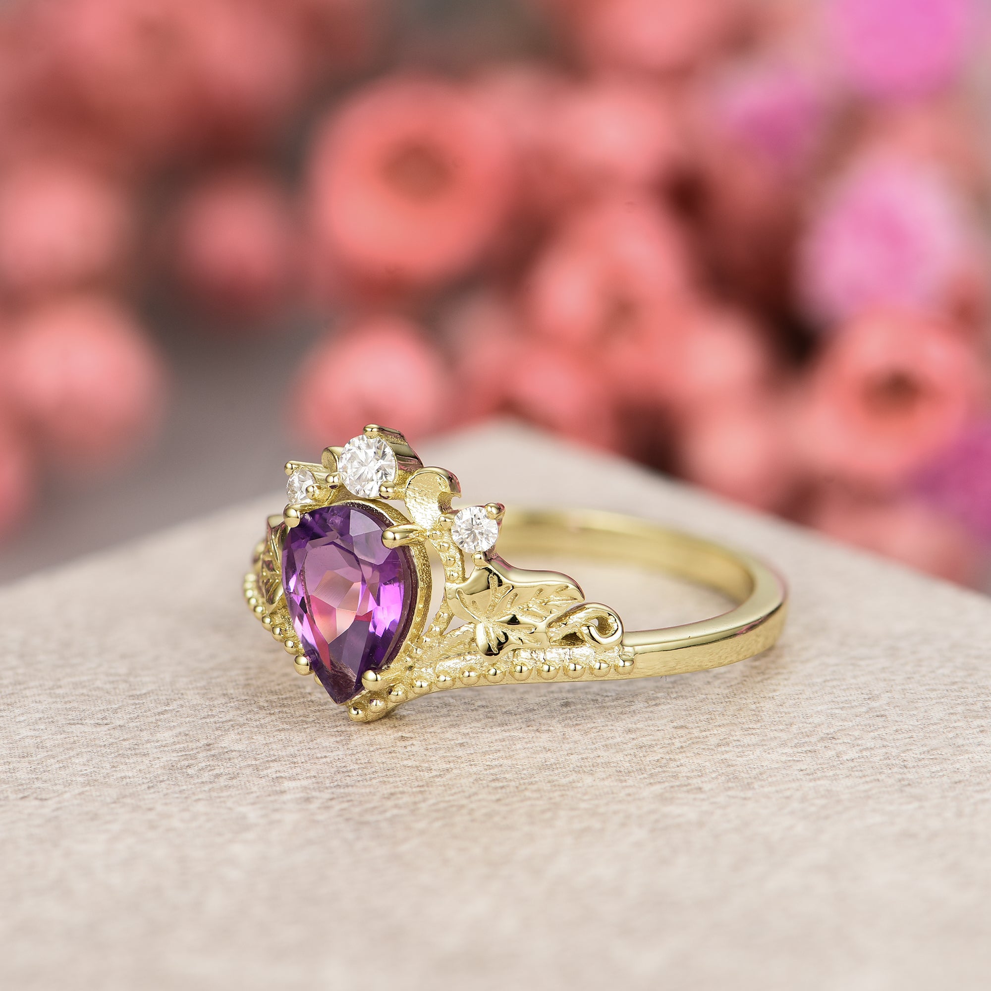 Royal Amethyst Ring Pear Cut 925 Sterling Silver Gold Plated Gemstone Ring