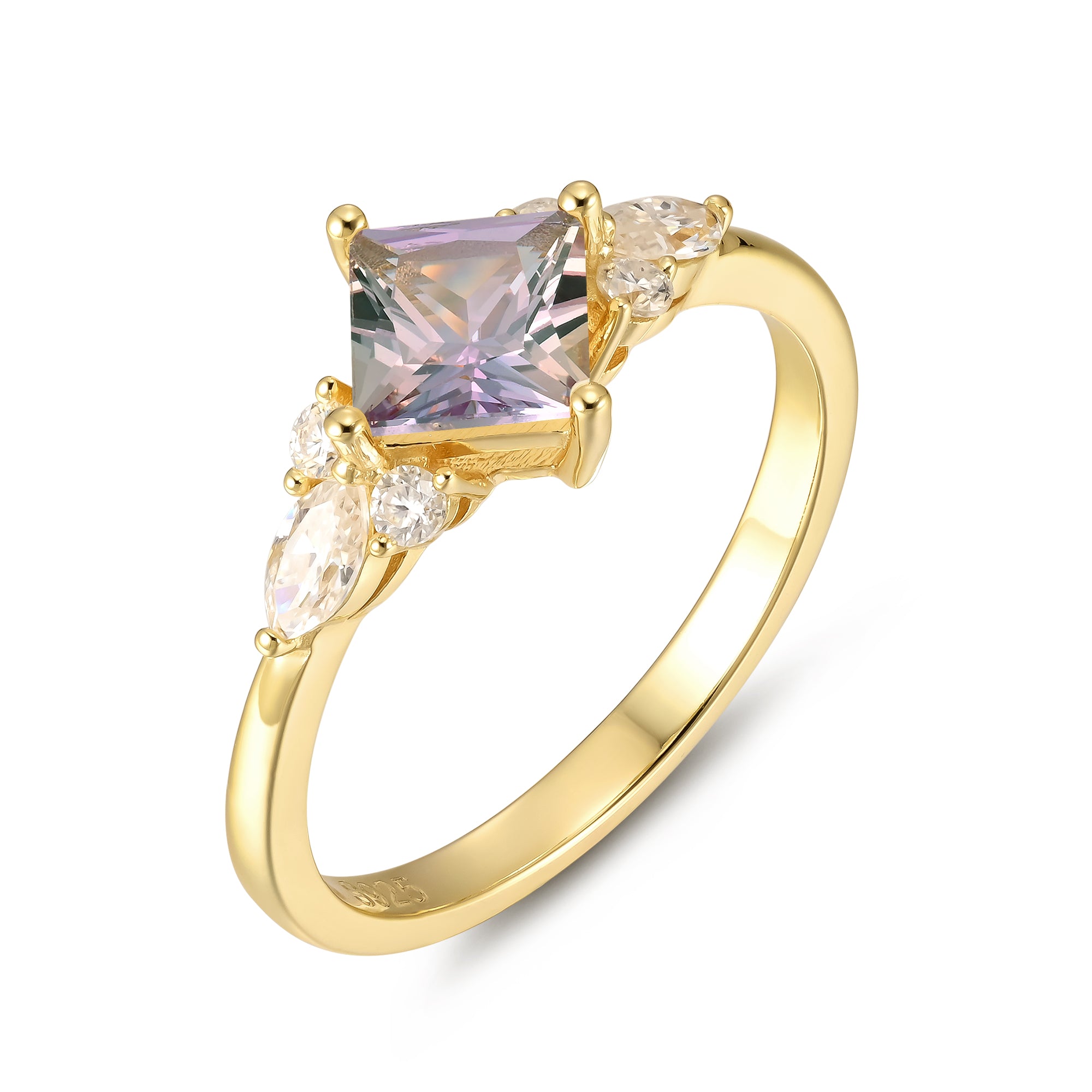 Natalia Alexandrite Ring Princess Cut 925 Sterling Silver Gold Plated Gemstone Ring