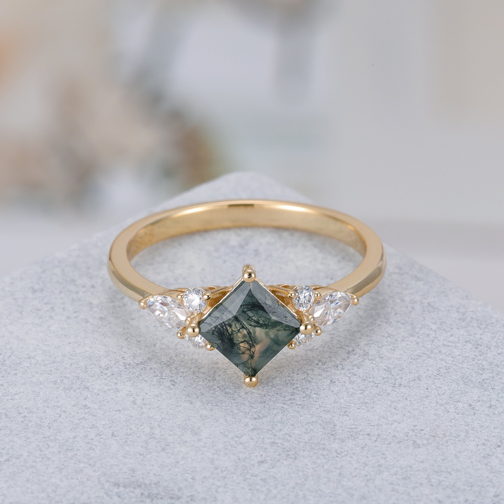 Natalia Moss Agate Ring Princess Cut 925 Sterling Silver Gold Plated Gemstone Ring