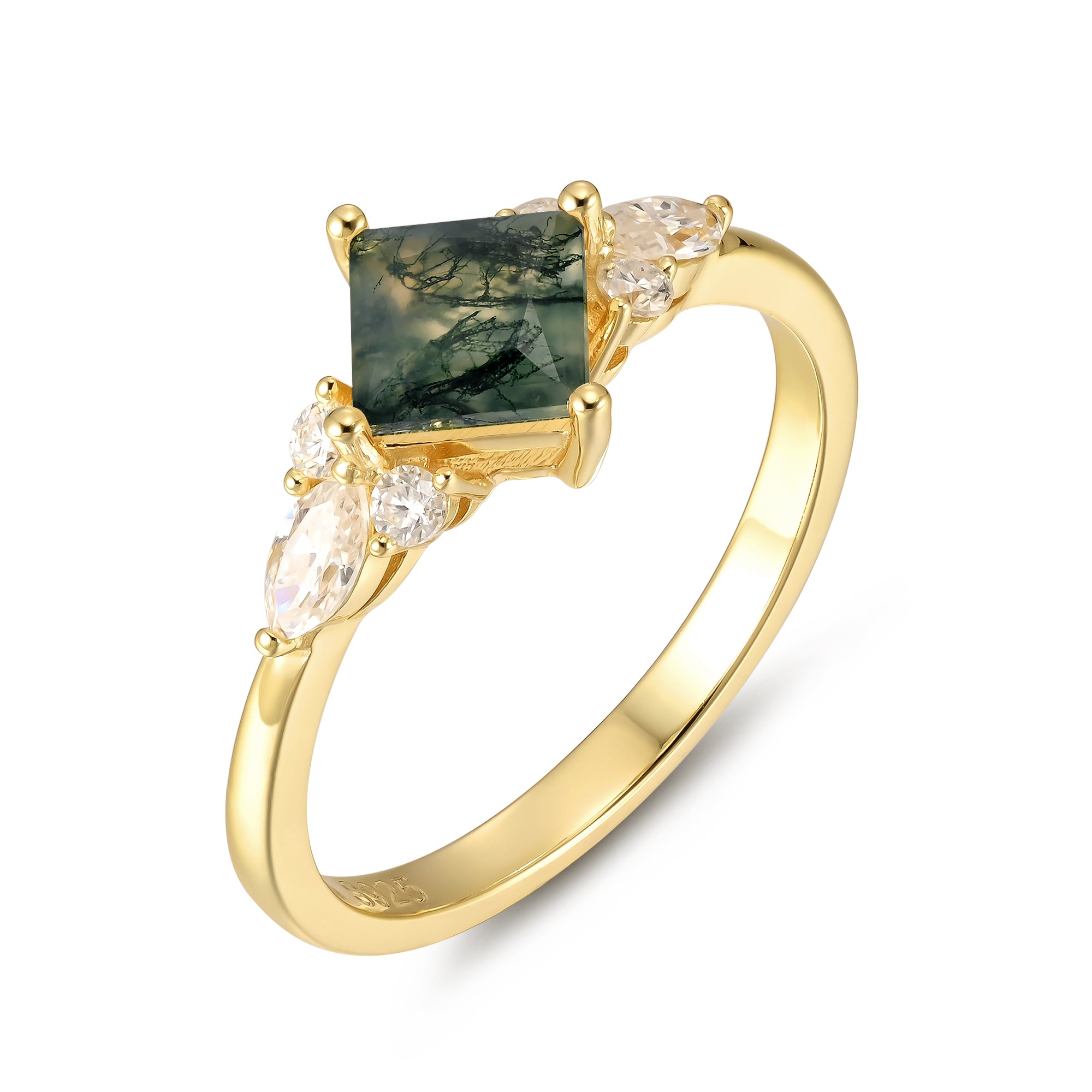 Natalia Moss Agate Ring Princess Cut 925 Sterling Silver Gold Plated Gemstone Ring