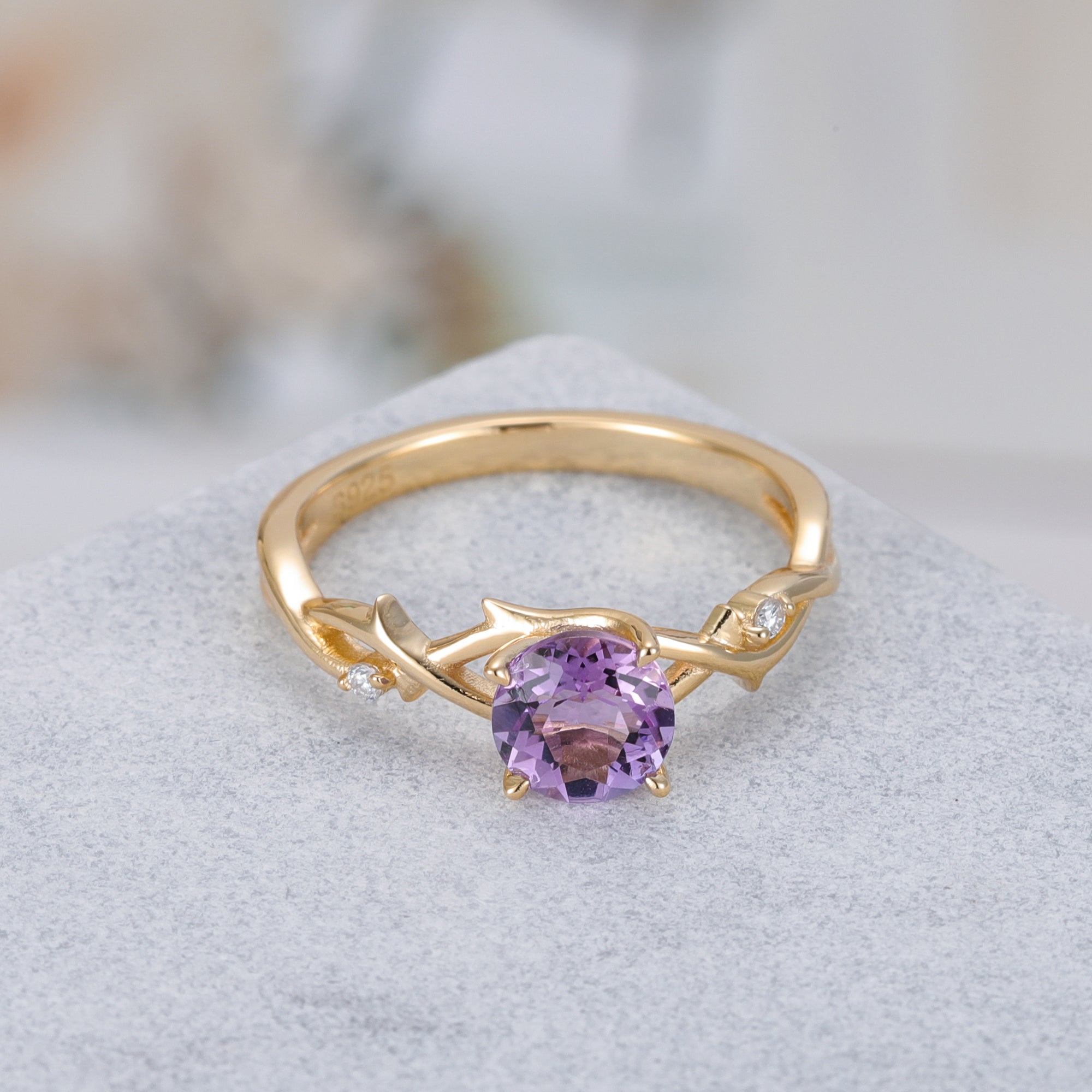 Elain Amethyst Ring Round Cut 925 Sterling Silver Gold Plated Gemstone Ring