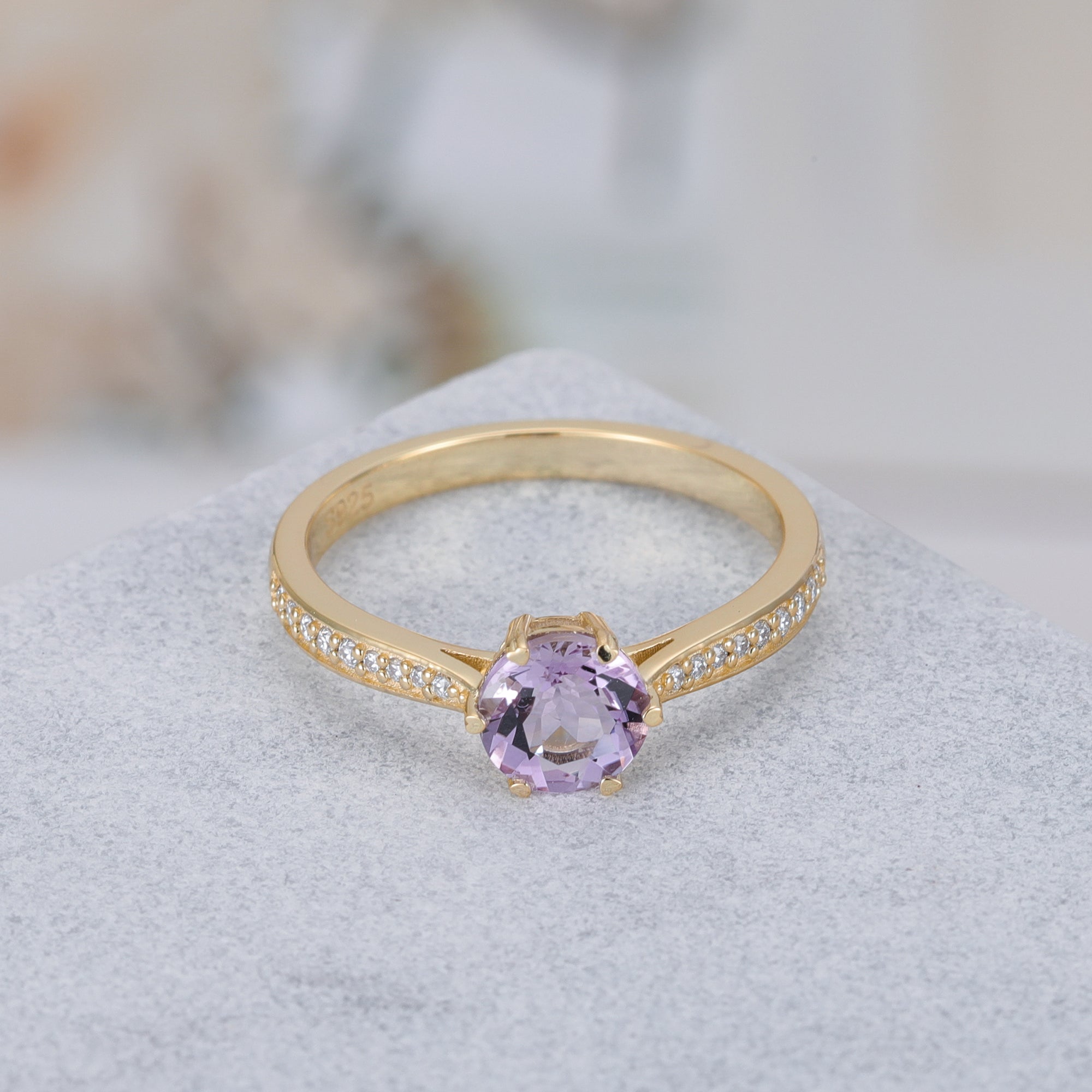 Elizabeth Amethyst Ring Round Cut 925 Sterling Silver Gold Plated Gemstone Ring