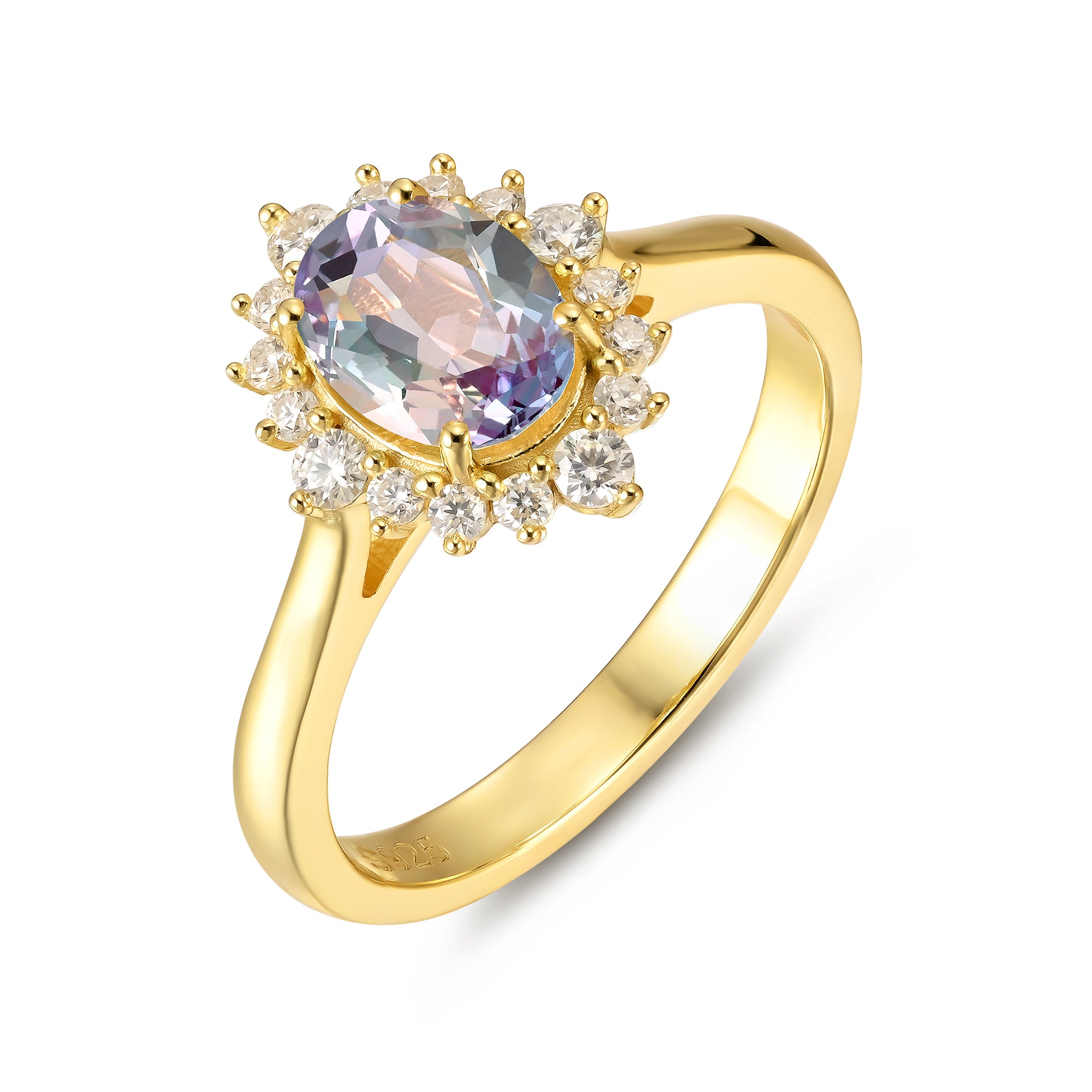 Isa Alexandrite Engagement Ring Oval Cut 925 Sterling Silver Gold Plated Flower Gemstone Ring