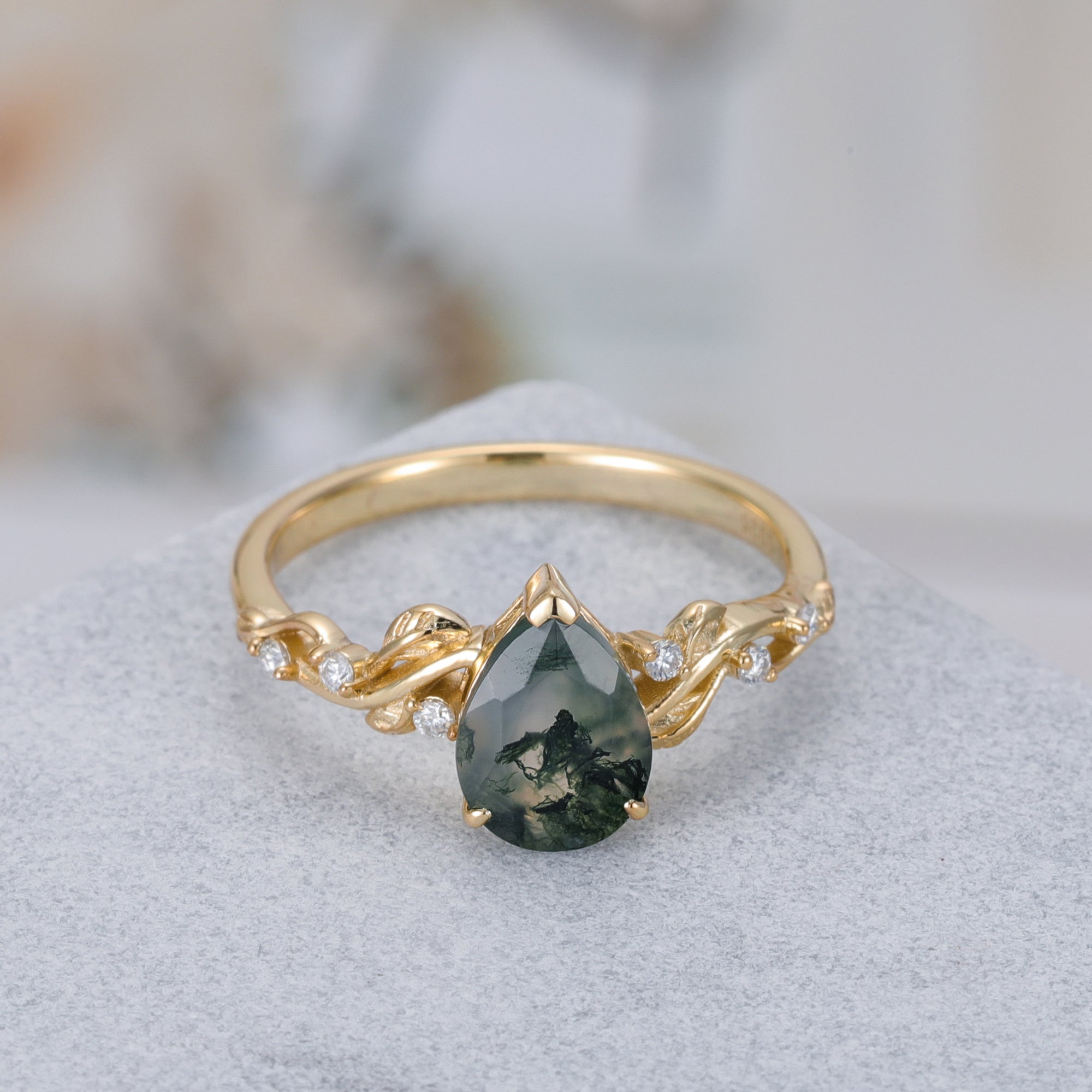 Julianna Moss Agate Ring Pear Cut 925 Sterling Silver Gold Plated Leaf Gemstone Ring