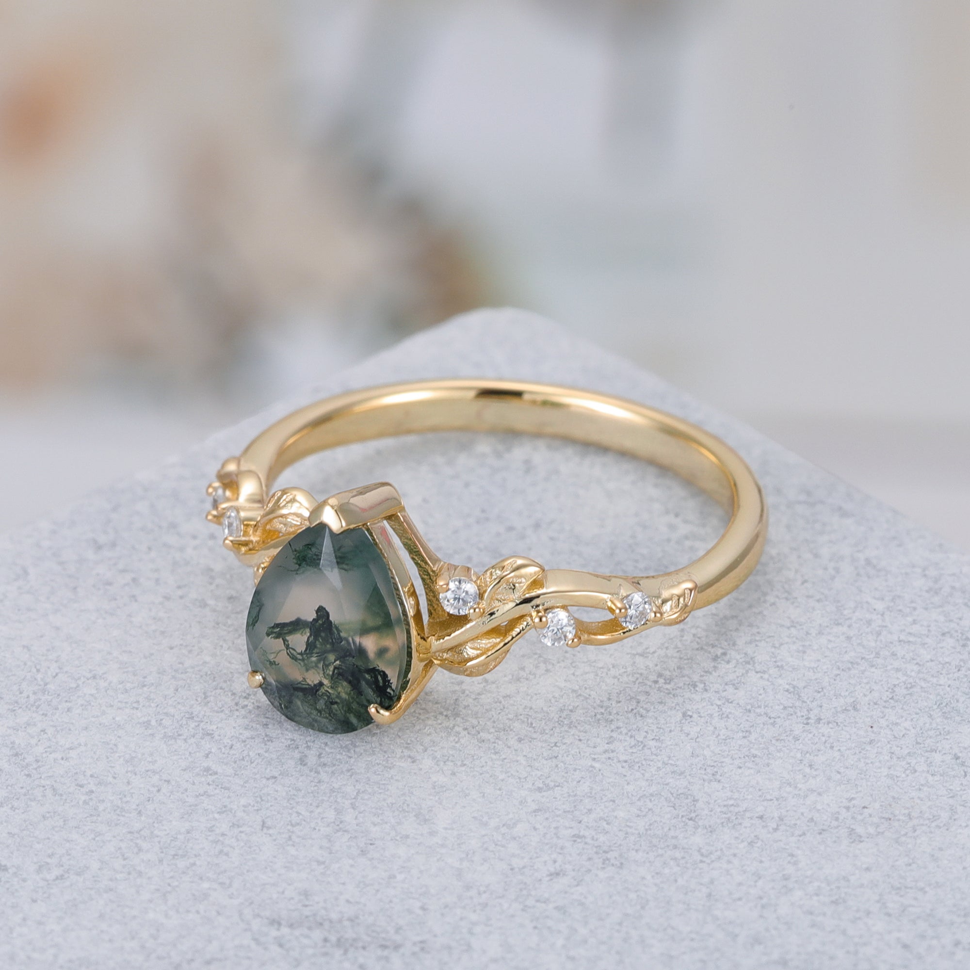 Julianna Moss Agate Ring Pear Cut 925 Sterling Silver Gold Plated Leaf Gemstone Ring