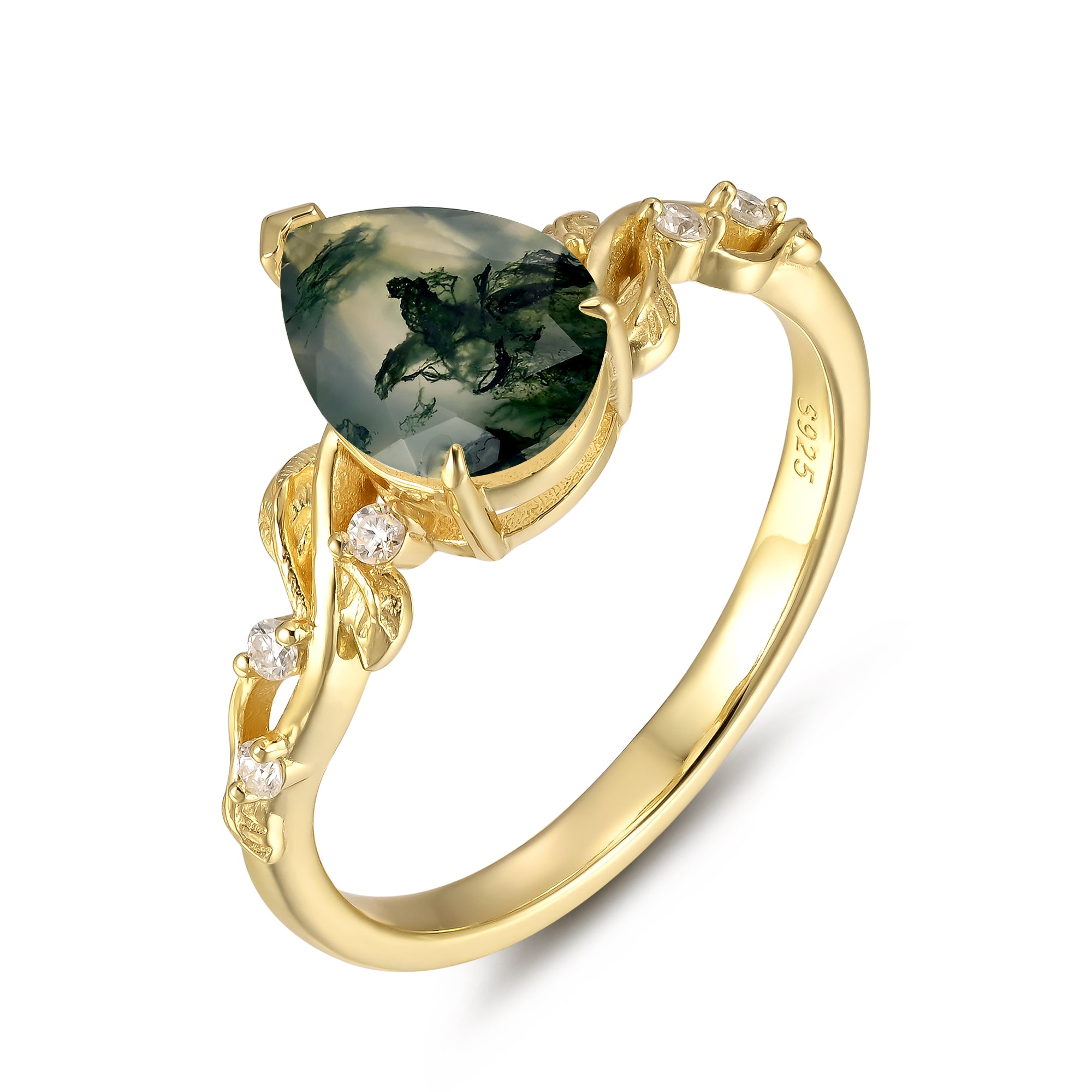 Julianna Moss Agate Ring Pear Cut 925 Sterling Silver Gold Plated Leaf Gemstone Ring