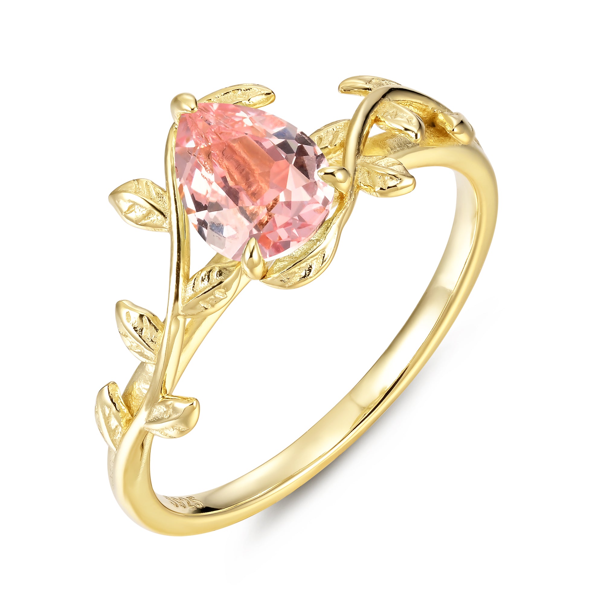 Athena Pink Sapphire Ring Pear Cut Sterling Silver/Gold Plated Vintage Leaf Nature Inspired Ring