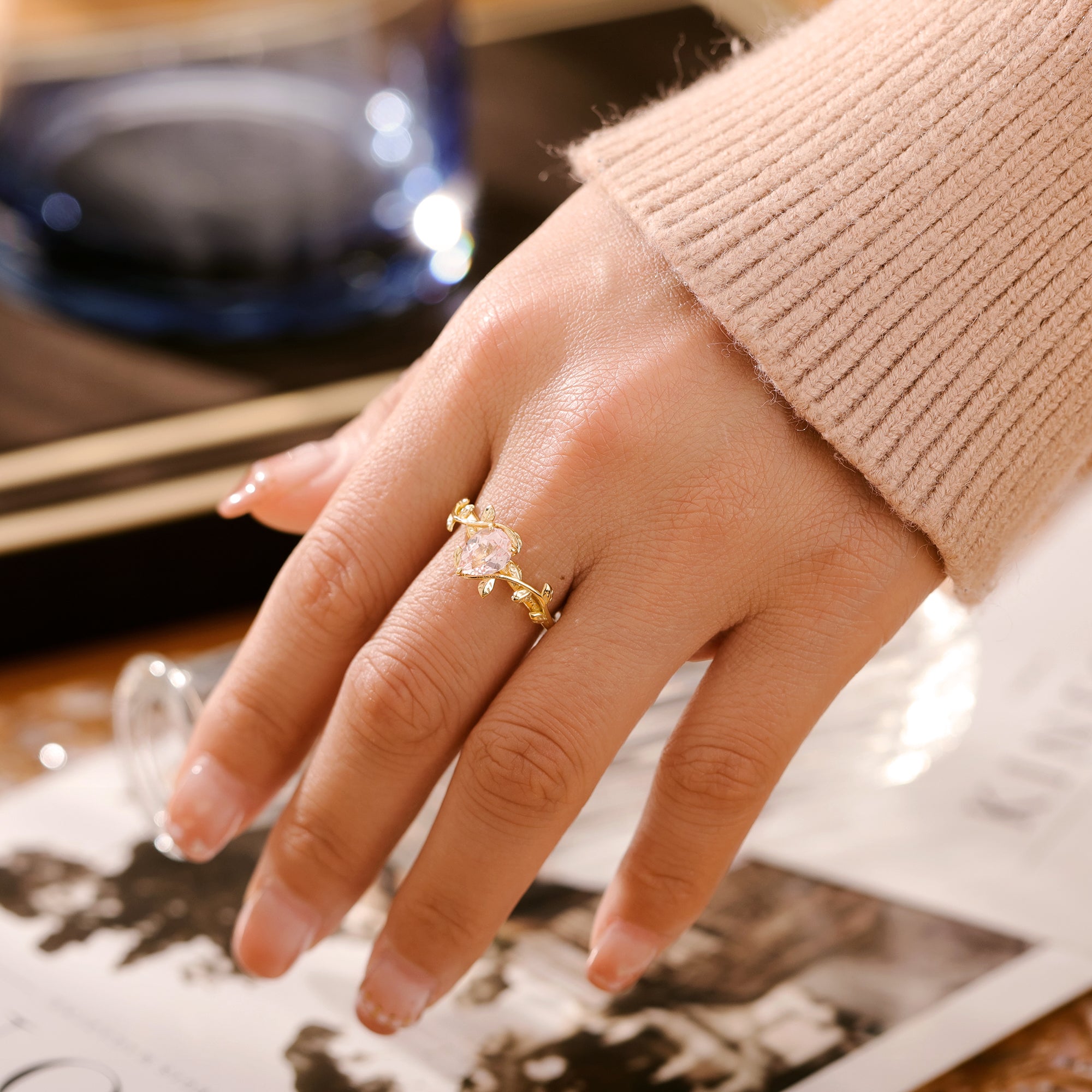 Athena Pink Sapphire Ring Pear Cut Sterling Silver/Gold Plated Vintage Leaf Nature Inspired Ring