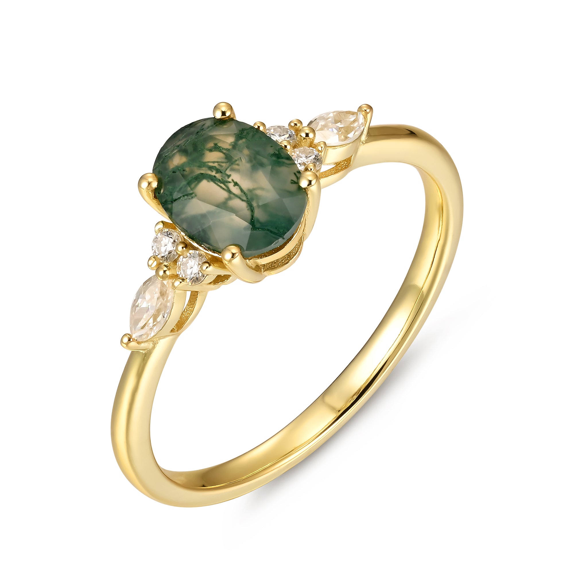 Rachel Moss Agate Ring Oval Cut 925 Sterling Silver Gold Plated Gemstone Ring