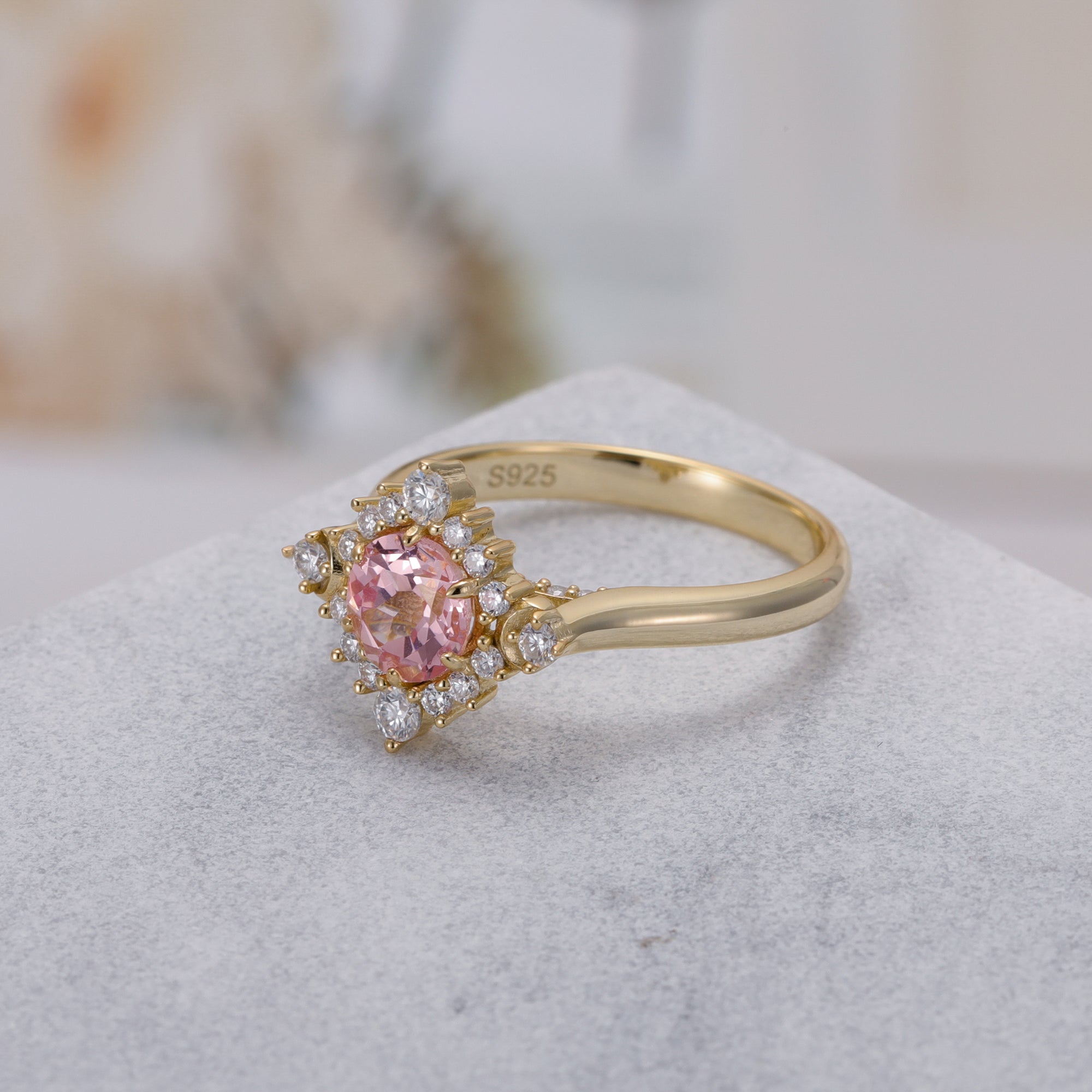 Scarlett Pink Sapphire Ring Round Cut Sterling Silver/Gold Plated Flower Nature Inspired Ring