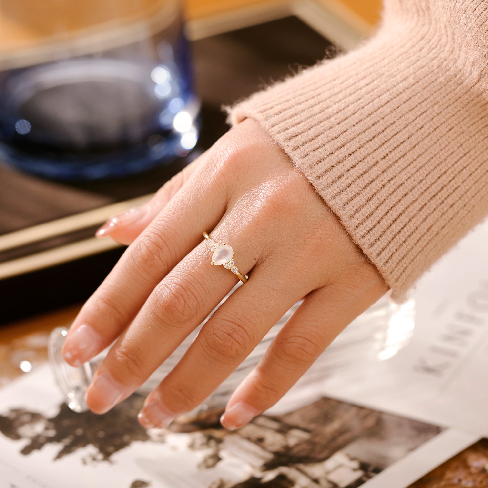 Dahlia Moonstone Ring Pear Cut Sterling Silver Gold Plated Gemstone Ring