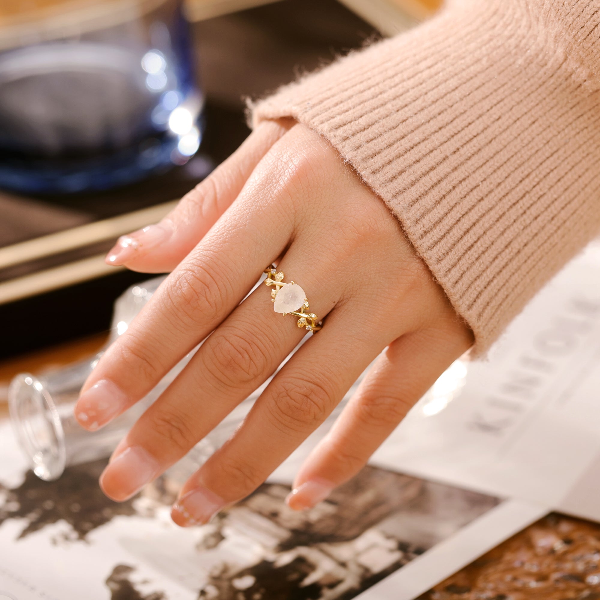 Janet Moonstone Ring Pear Cut Sterling Silver Gold Plated Leaf Ring