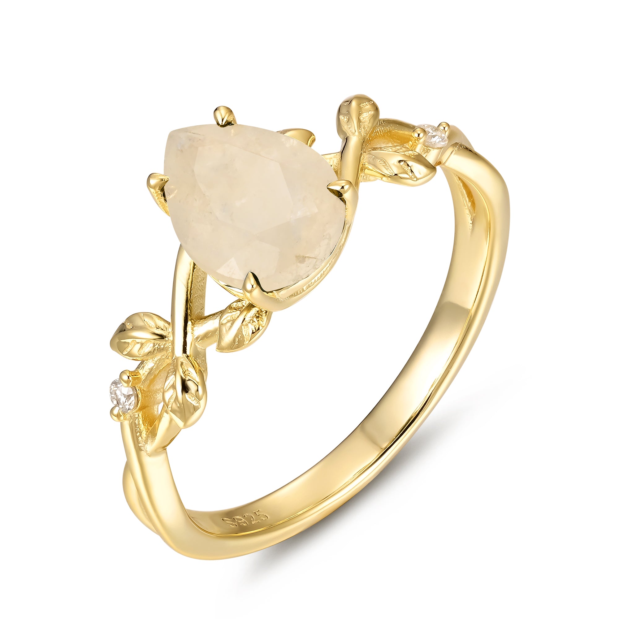 Janet Moonstone Ring Pear Cut Sterling Silver Gold Plated Leaf Ring