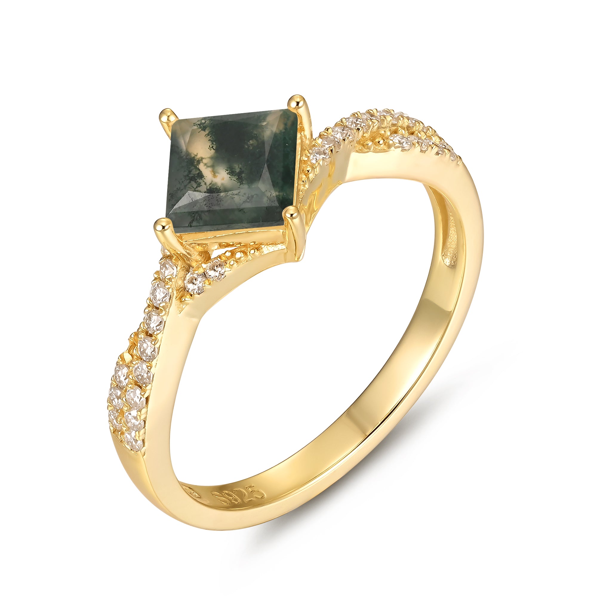 Sophia Moss Agate Ring Princess 925 Sterling Silver Gold Plated Gemstone Ring