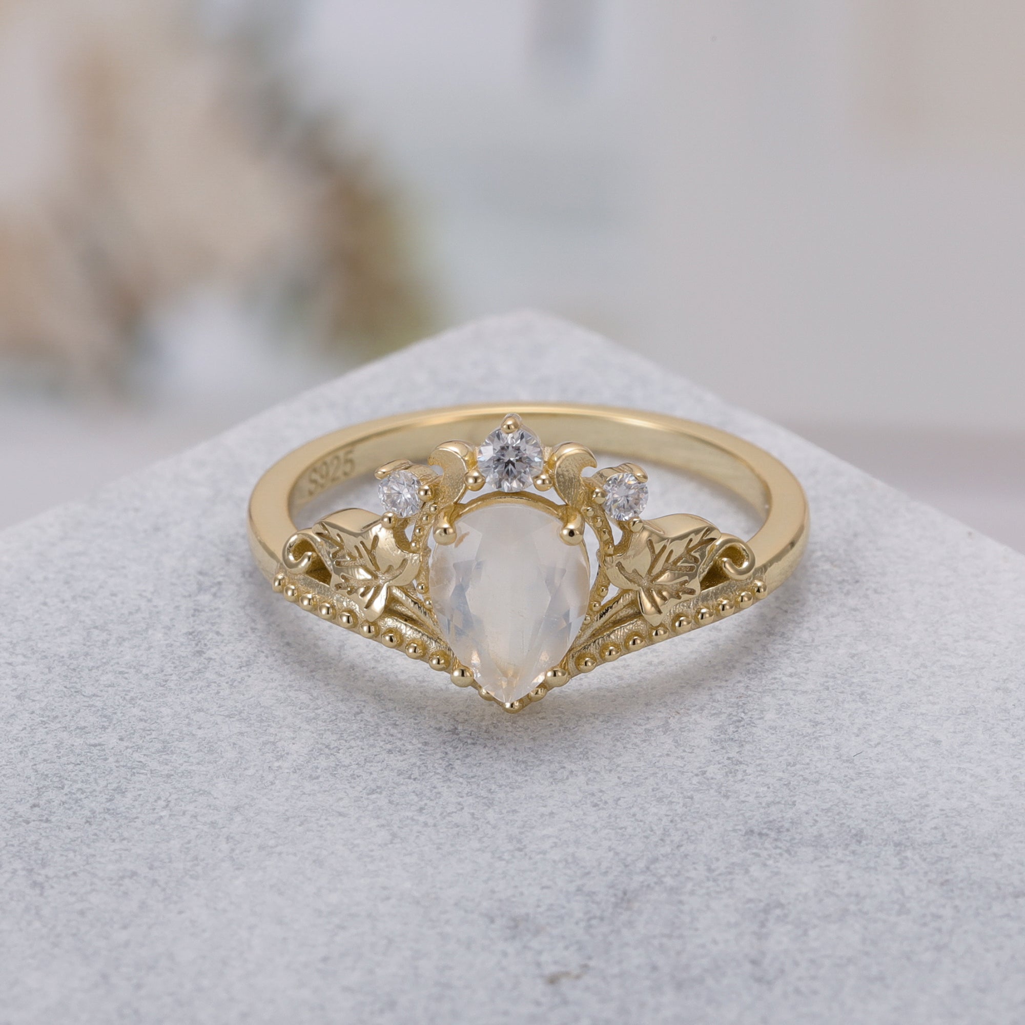 Royal Moonstone Ring Pear Cut Sterling Silver Gold Plated Gemstone Ring