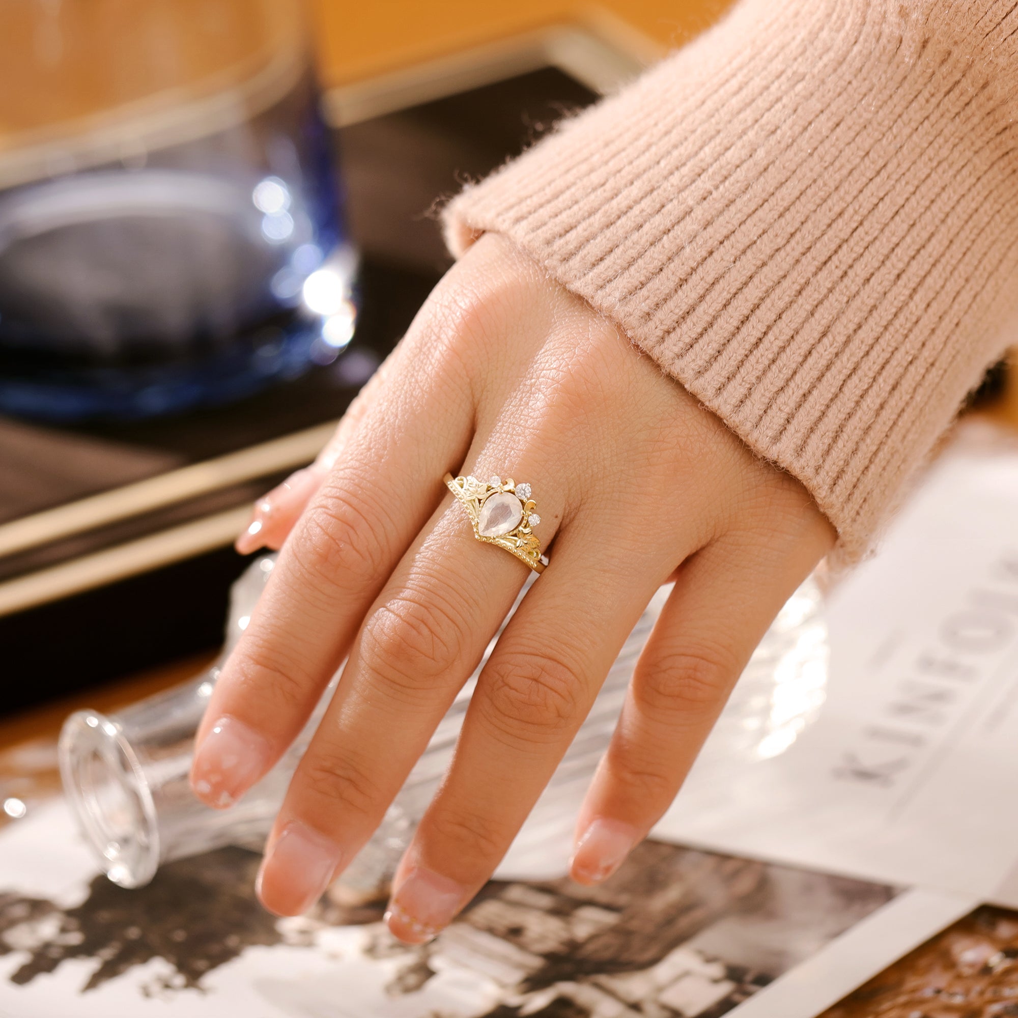 Royal Moonstone Ring Pear Cut Sterling Silver Gold Plated Gemstone Ring