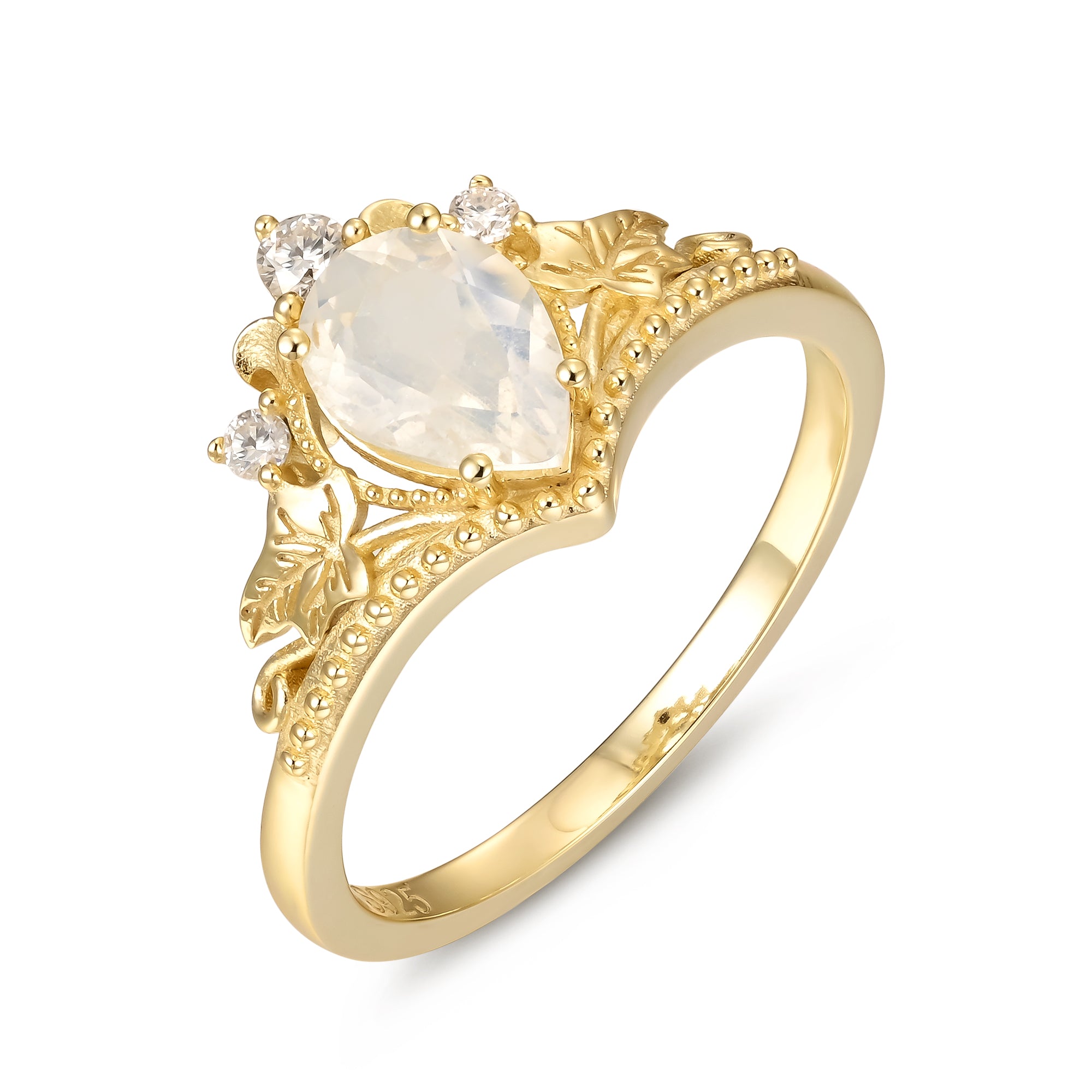 Royal Moonstone Ring Pear Cut Sterling Silver Gold Plated Gemstone Ring