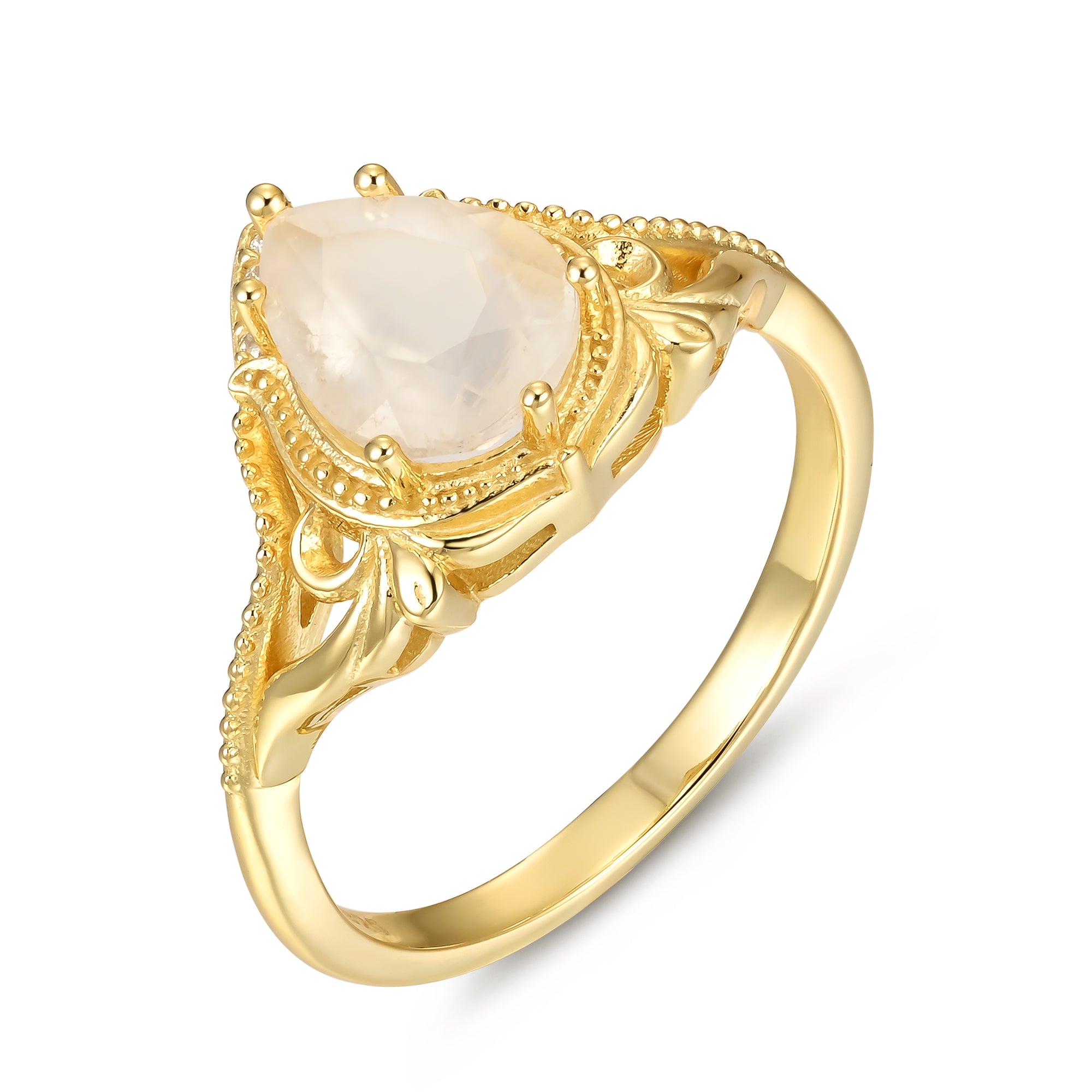 Iris Moonstone Ring Pear Cut Sterling Silver Gold Plated Gemstone Ring