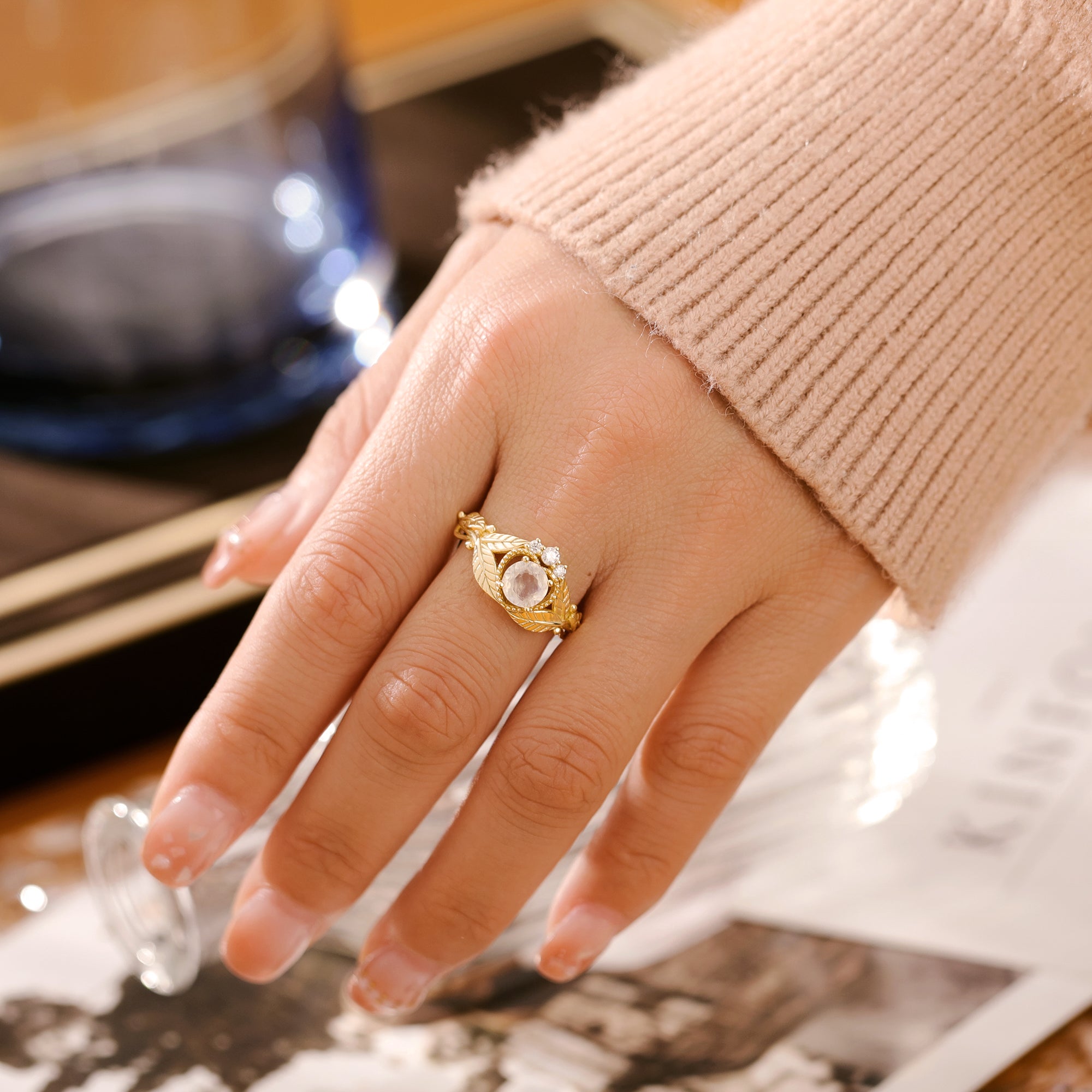 Bella Moonstone Ring Round Cut Sterling Silver Gold Plated Leaf Nature Inspired Ring