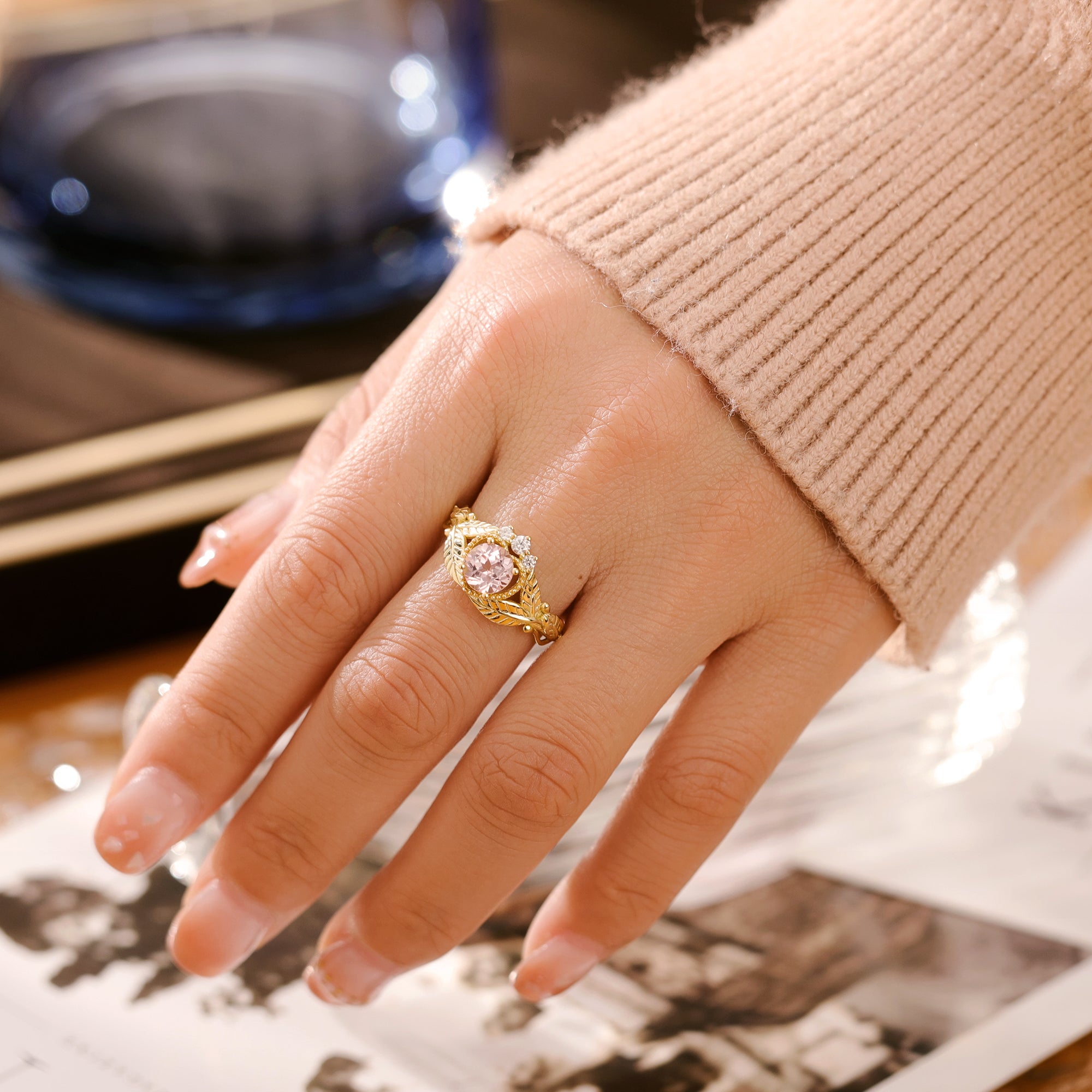 Bella Pink Sapphire Ring Round Cut Sterling Silver/Gold Plated Leaf Nature Inspired Ring